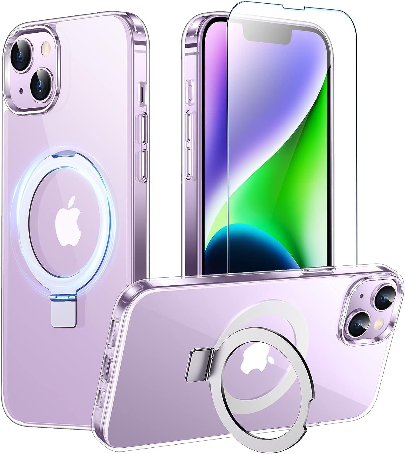 SPIDERCASE for Iphone 14 plus Case with Magnetic Invisible Stand,[Compatible for Magsafe][Military Grade Shockproof][2 Pack Tempered Glass Screen Protector] Translucent Matte Phone Case, Black  SPIDERCASE Clear Iphone 13/14 