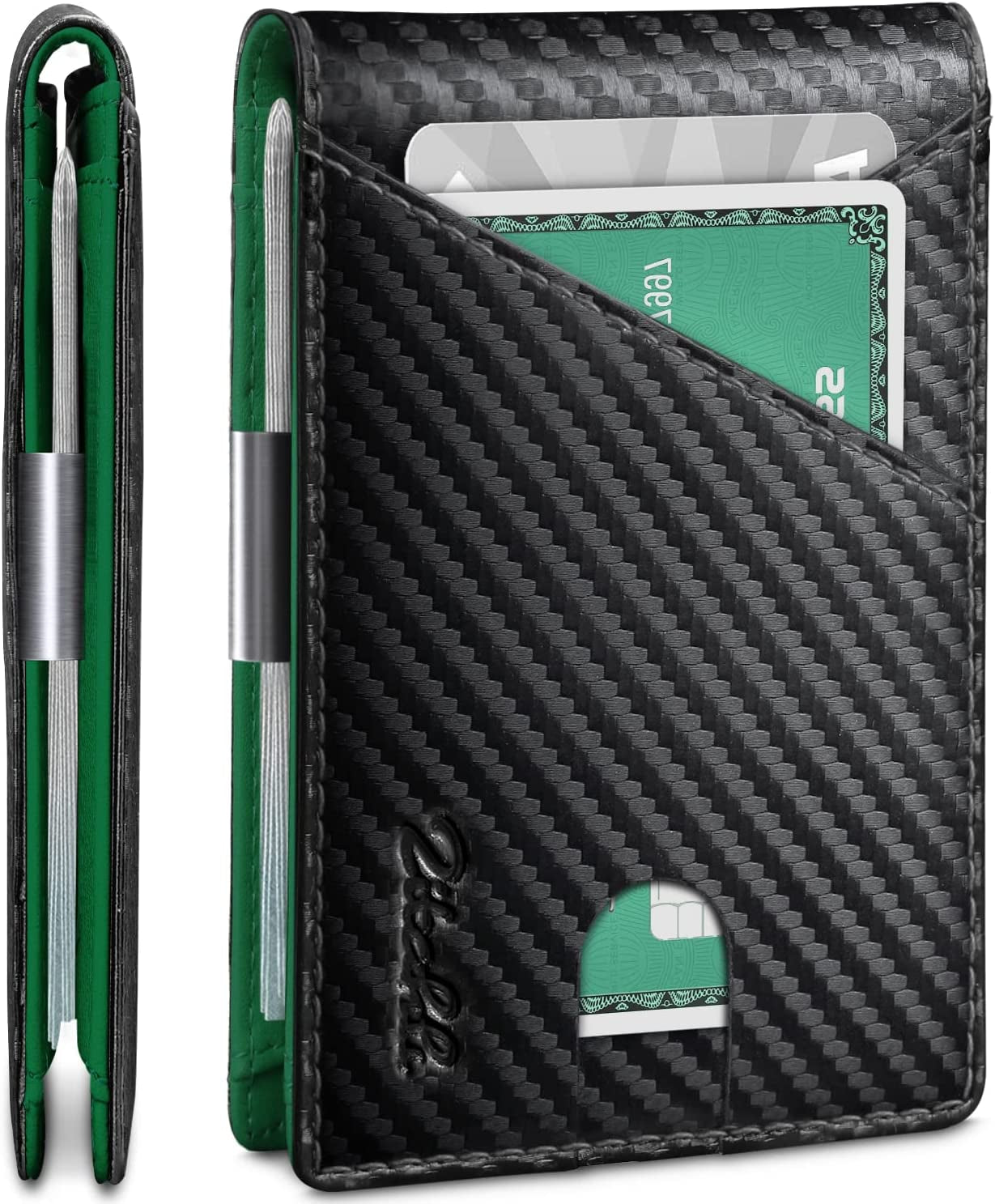 Zitahli Wallet for Men - with Money Clip Slim Leather Slots Credit Card Holder RFID Blocking Bifold Minimalist Wallets with Gift Box  Zitahli Carbon Black and Green  