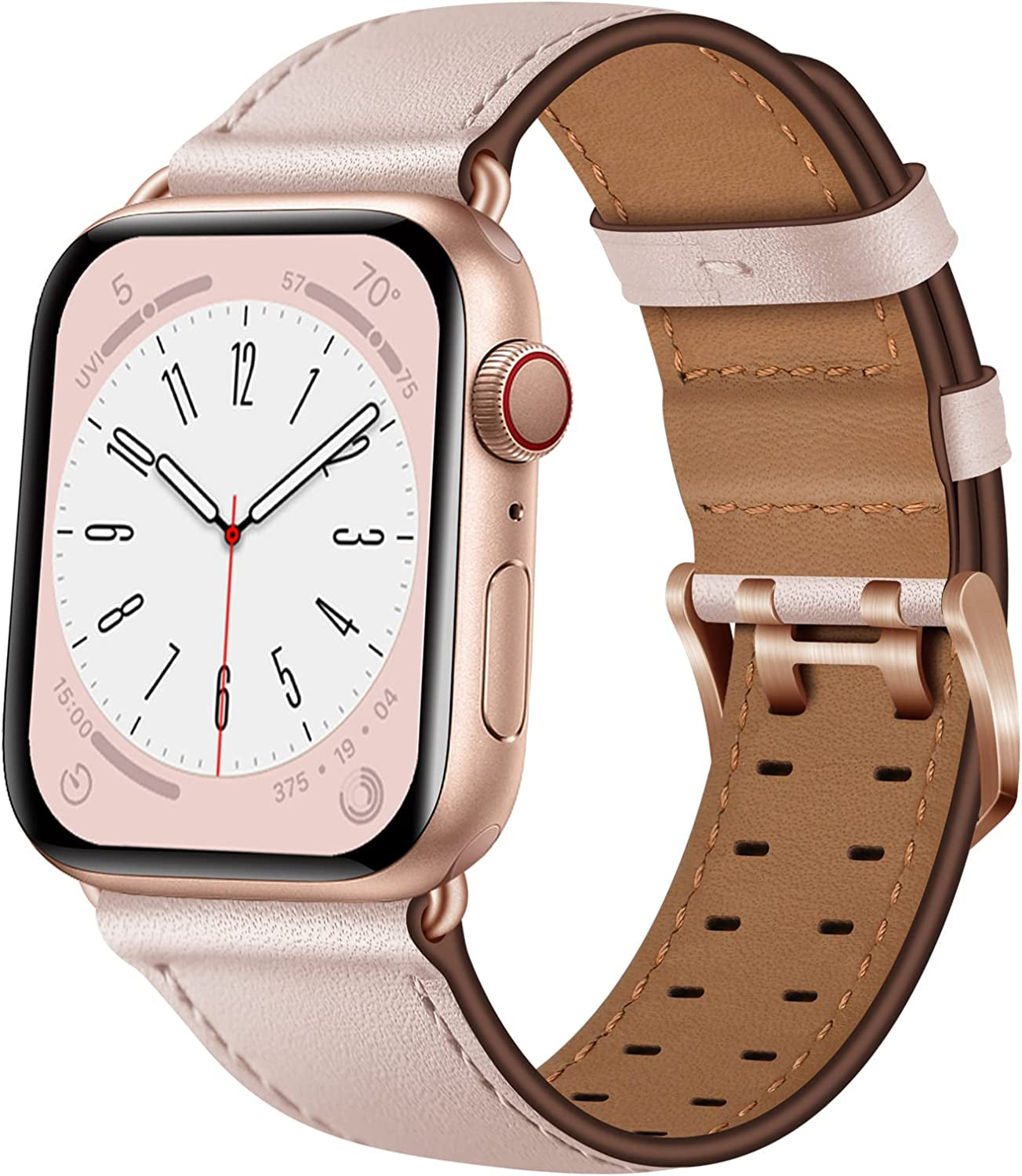 OUHENG Leather Bands Compatible with Apple Watch Band 49Mm 45Mm 44Mm 42Mm, Genuine Leather Replacement Band Strap Wristband for Iwatch Ultra Series 8 7 6 5 4 3 2 1 SE2 SE Men Women, Retro Brown/Black  OUHENG Pink Sand/Rose Gold 49mm/45mm/44mm/42mm 