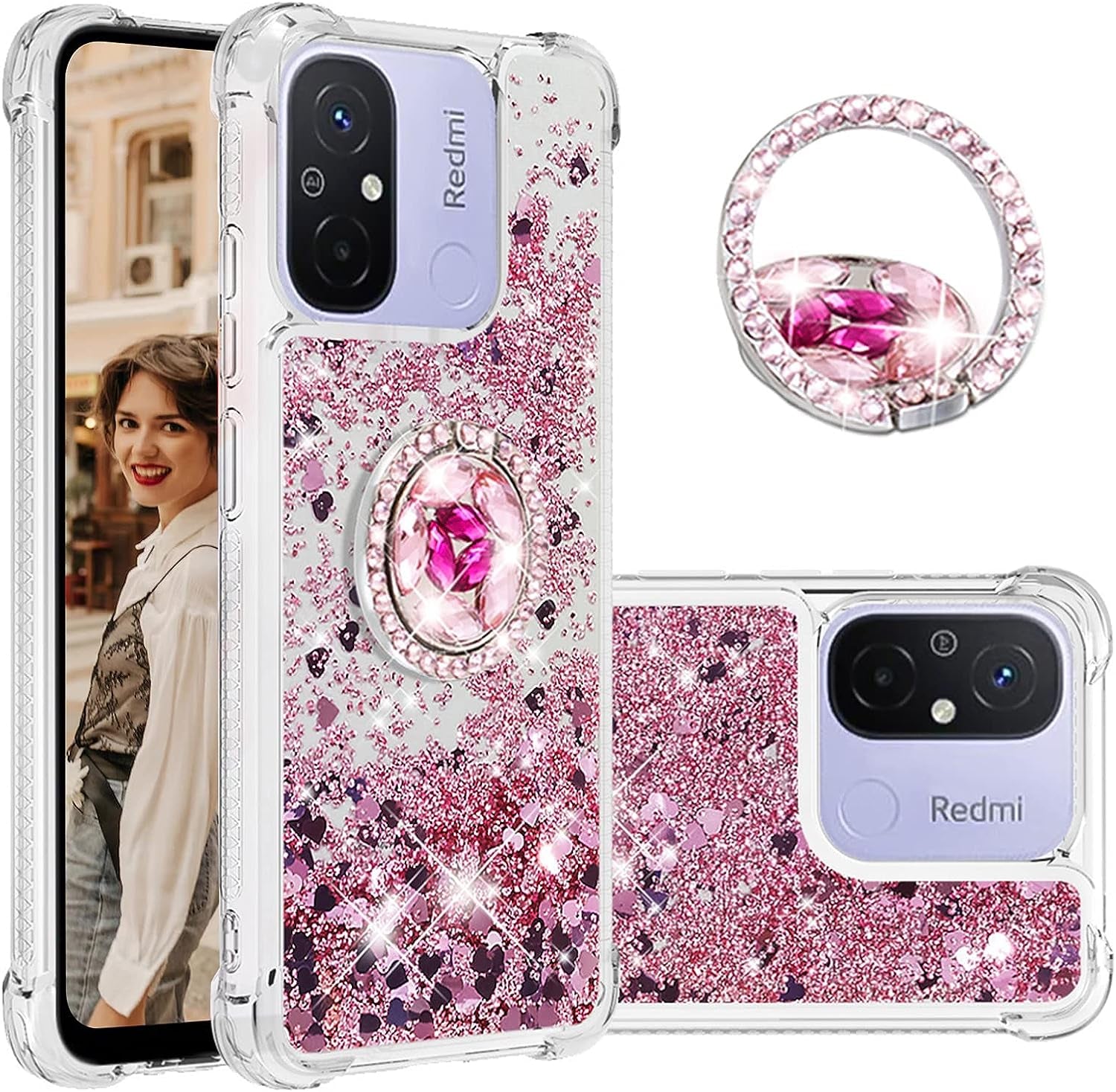 Tncavo for Xiaomi Redmi 12C Case for Woman, Moving Liquid Holographic Sparkle Glitter Cases with Diamond Ring Soft Clear TPU Luxury Girly Cute Phone Cover for Xiaomi Redmi 12C LSZ Silver  Tncavo Pink Full 