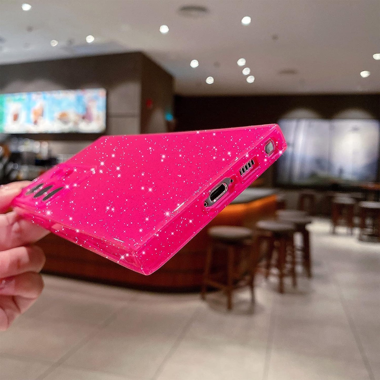 OWLSTAR Compatible with Samsung Galaxy S22 Ultra Case Cute Glitter Neon Bumper, Slim Flexible Protective Sparkly Bling Phone Cover for Women Girls (Hot Pink)  OWLSTAR   