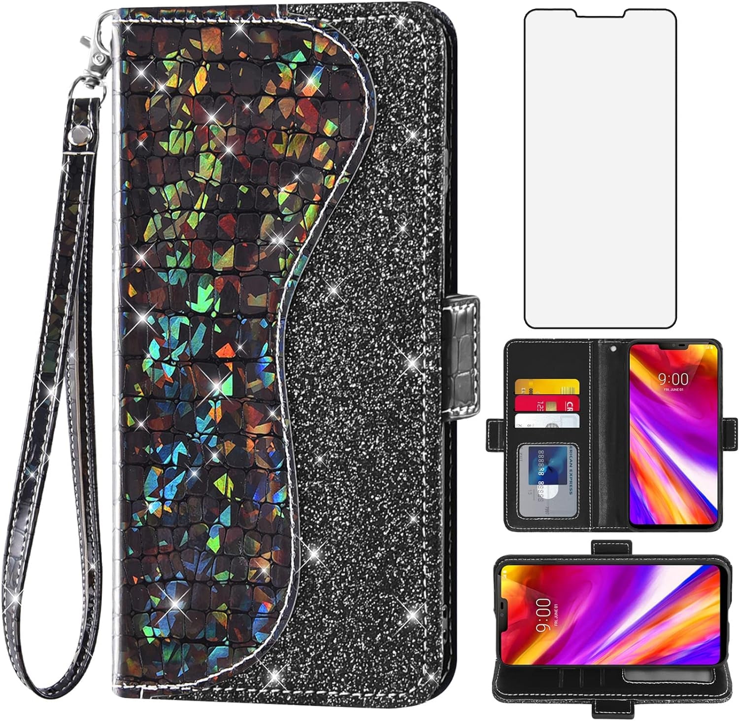 Asuwish Phone Case for LG G7 Thinq Wallet Cover with Screen Protector and Flip Card Holder Bling Glitter Cell LGG7 One G 7 plus LG7 Fit Lg7Thinq 7G Thin Q G7+ G7Thinq Lgg7Thinq Women Girls Silver  Asuwish Black  