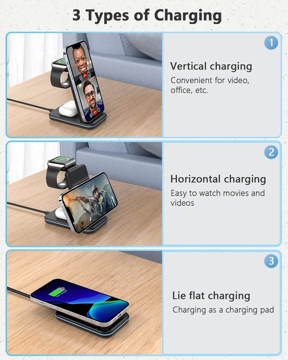 Wireless Charger, 3 in 1 Fast Wireless Charging Station, Wireless Charging Stand Dock 18W Foldable for Apple Watch SE/7/6/5/4/3/2 Airpods 3/2/Pro Iphone 13/12/11/Pro/Xs/Xs Max/Xr/X/Se/8/8 Plus  Bauhoo   