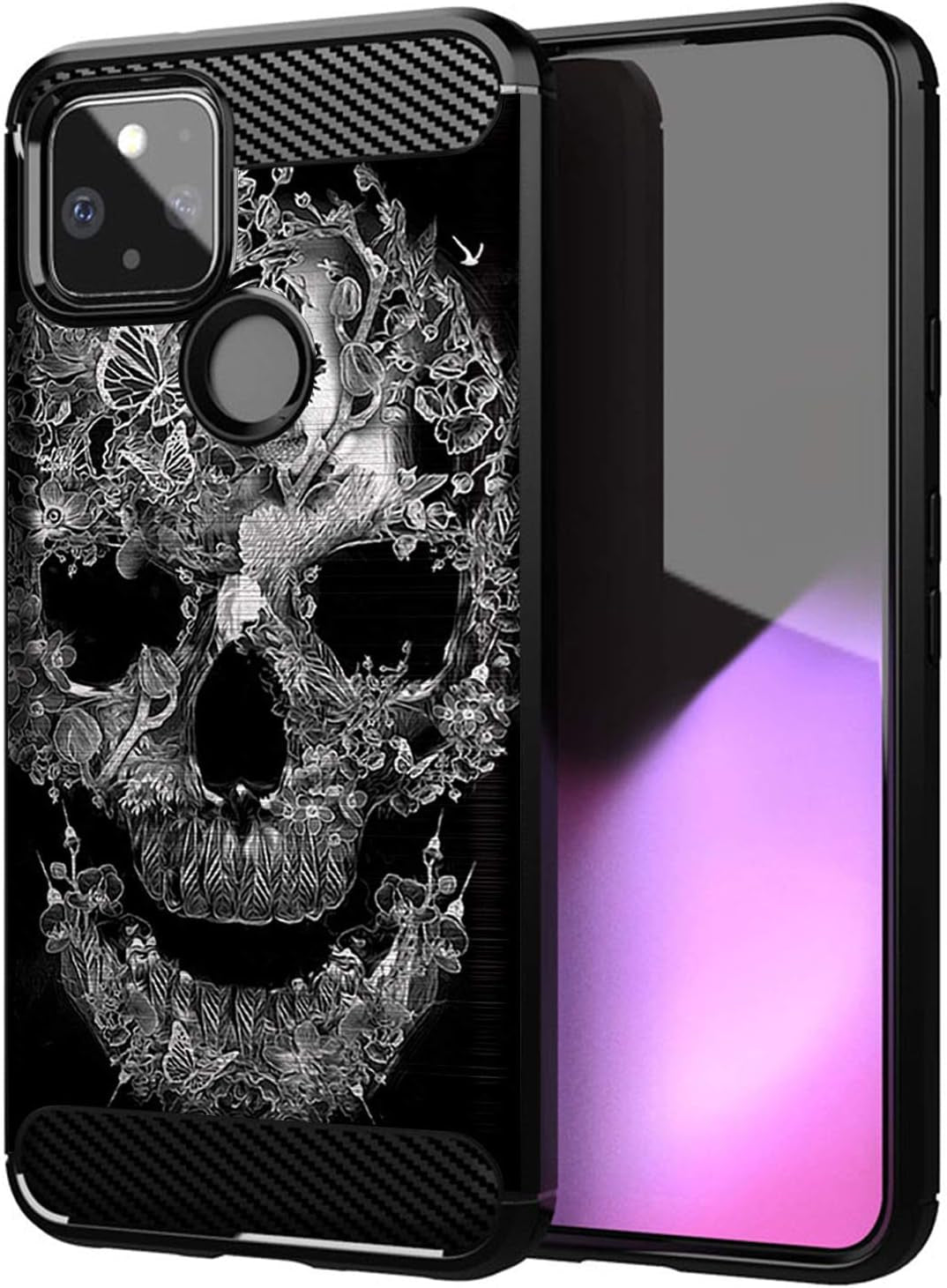 Casesondeck Slim Case Compatible with [Google Pixel 4A 5G (2020)] Thin Scratch Preventing TPU, Matte Finish Carbon Fiber Texture Edges (Mexican Skull)  CasesonDeck Flower Skull  