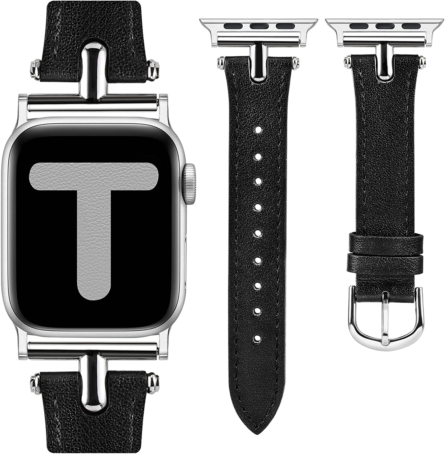 Wearlizer Leather Band Compatible with Apple Watch Band Women 38Mm 40Mm 41Mm 42Mm 44Mm 45Mm 49Mm Dressy Fashion Leather Strap with T-Shape Metal Buckle for Iwatch Bands Ultra SE Series 8 7 6 5 4 3 2 1  Wearlizer Black/Silver Buckle 42/44/45/49mm 