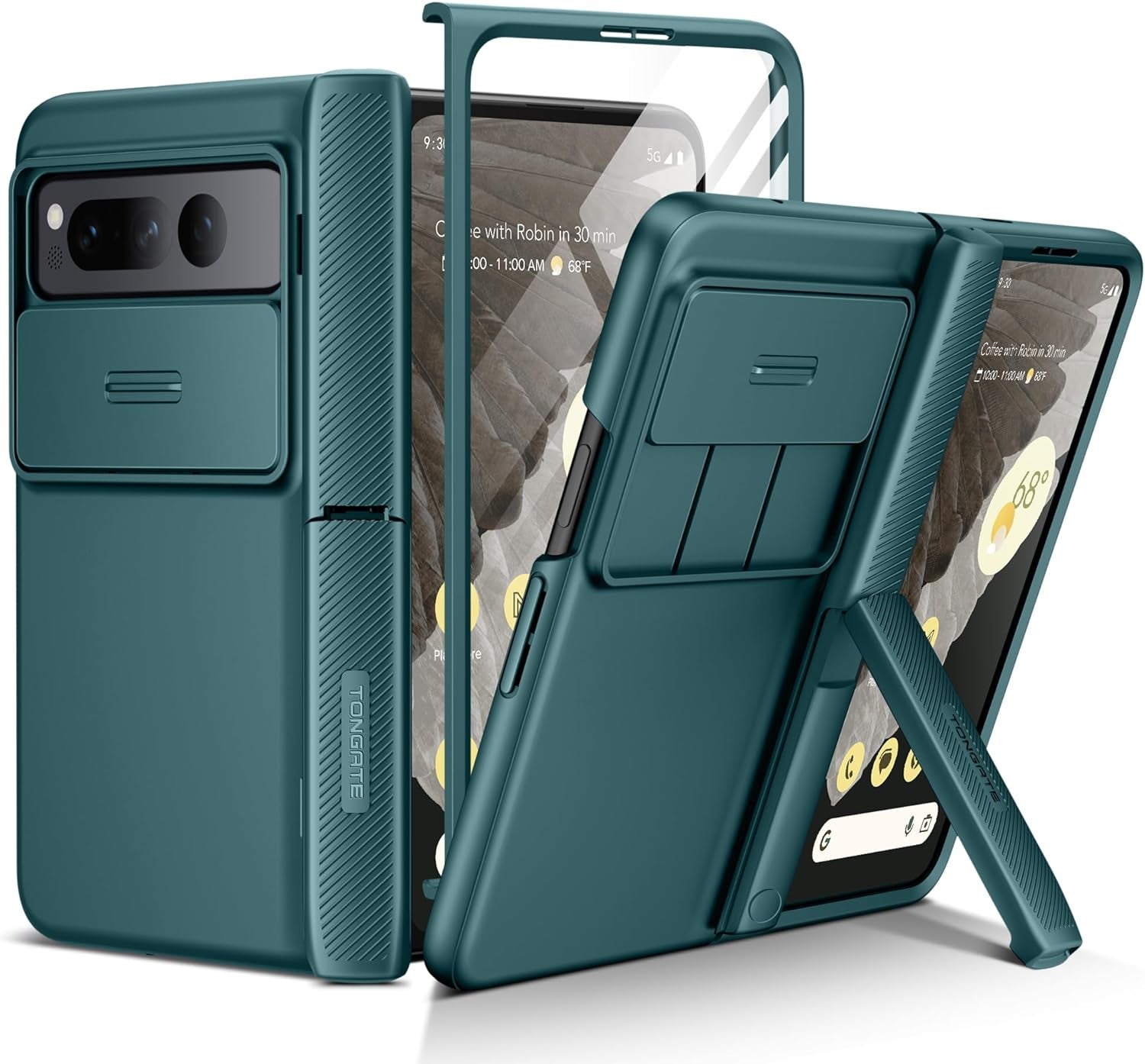 Tongate for Pixel Fold Case, [Built-In Slide Camera Cover & Screen Protector] [Hinge Protection] Military Grade Matte Phone Case with Hidden Kickstand for Google Pixel Fold 5G (2023), Blue  Tongate Green  