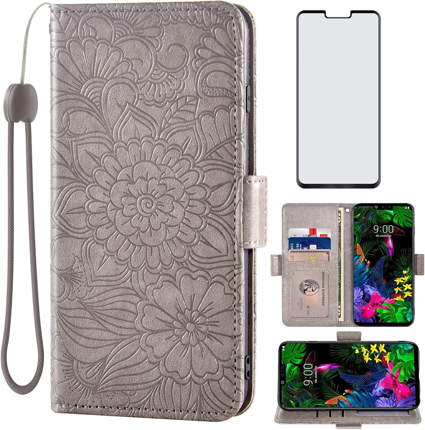 Compatible with LG G8 Thinq Wallet Case and Tempered Glass Screen Protector Card Holder Stand Leather Flip Cell Accessories Phone Cover for LGG8 Thin Q G 8 LG8 G8Thinq Lgg8Thinq 8G Women Men Blue  Asuwish Gray For Lg G8 