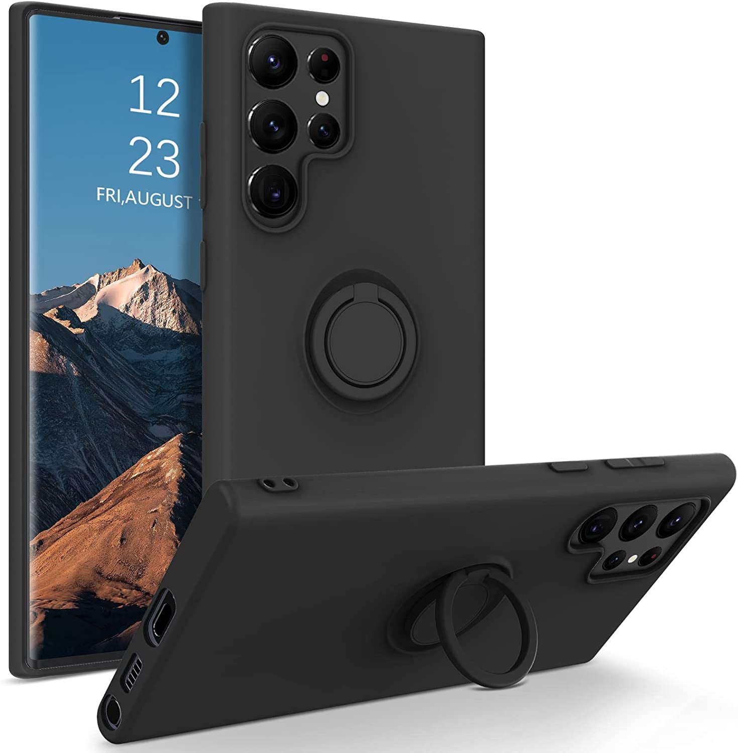 DUEDUE for Samsung Galaxy S22 Ultra 5G Case, Liquid Silicone Slim Soft Gel Rubber Cover with Ring Kickstand Car Mount Function Shockproof Protective Phone Case for Samsung S22 Ultra 6.8", Orange  DUEDUE 588-Black  