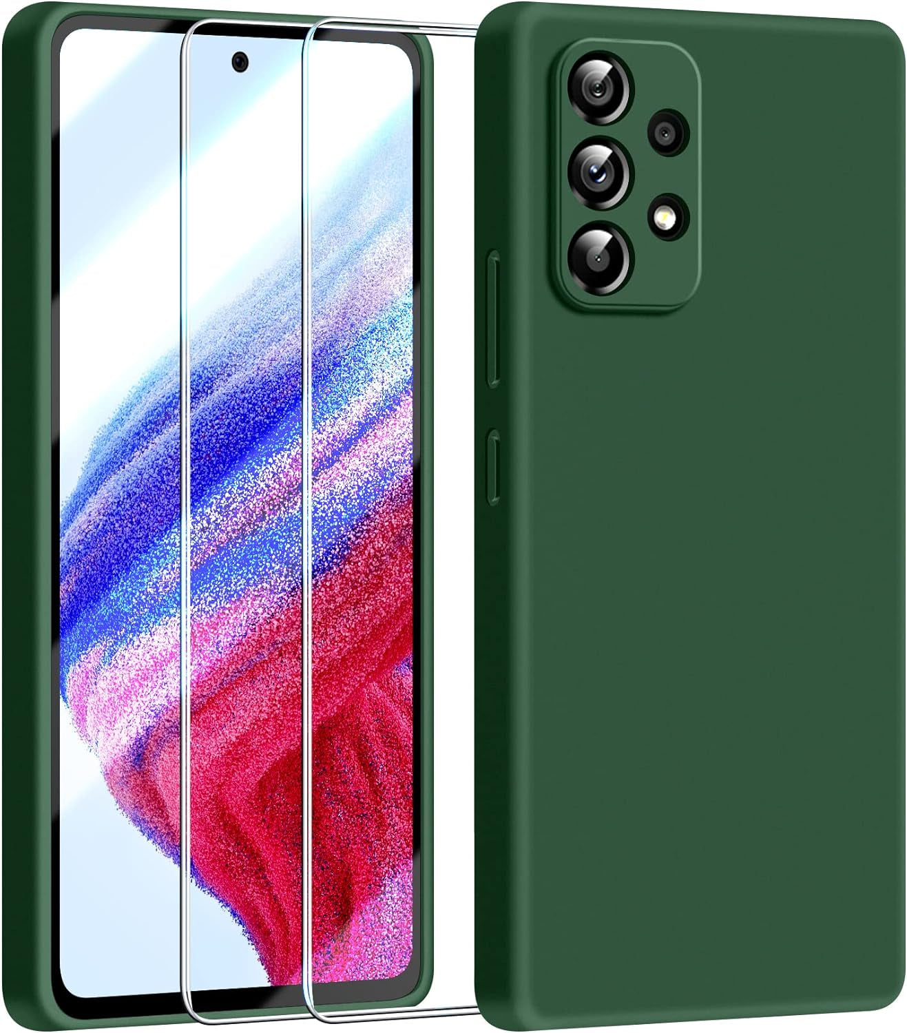 Dssairo [3 in 1 for Samsung Galaxy A53 5G Case, with 2 Pack Screen Protector, Camera Protection，Liquid Silicone Slim Shockproof Protective Phone Case [Microfiber Lining] (Black)  Dssairo Alpine Green  