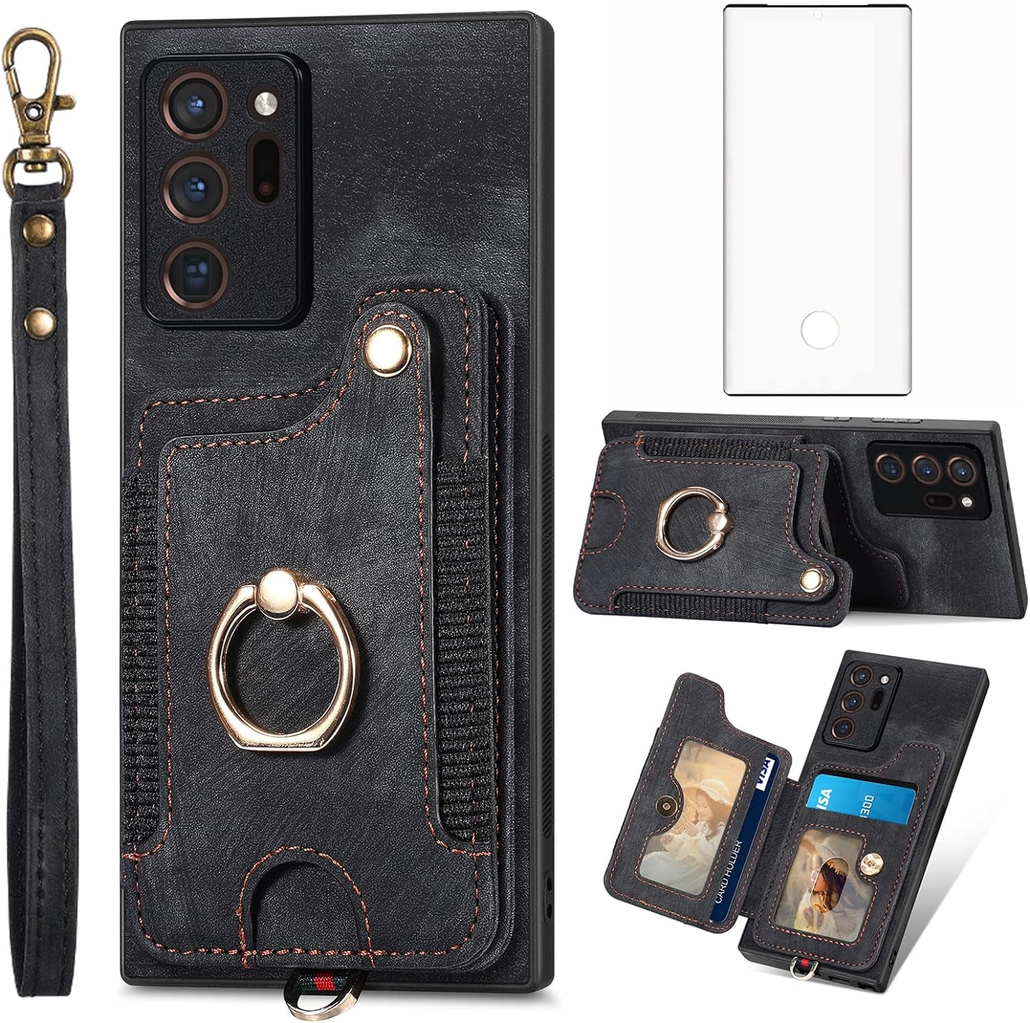 Phone Case for Samsung Galaxy Note 20 Ultra 5G Wallet Cover with Screen Protector and Wrist Strap RFID Card Holder Ring Stand Note20 plus Notes 20Ultra Note20+ U + 20+ Twenty Not S20 Women Men Brown  Asuwish Black  
