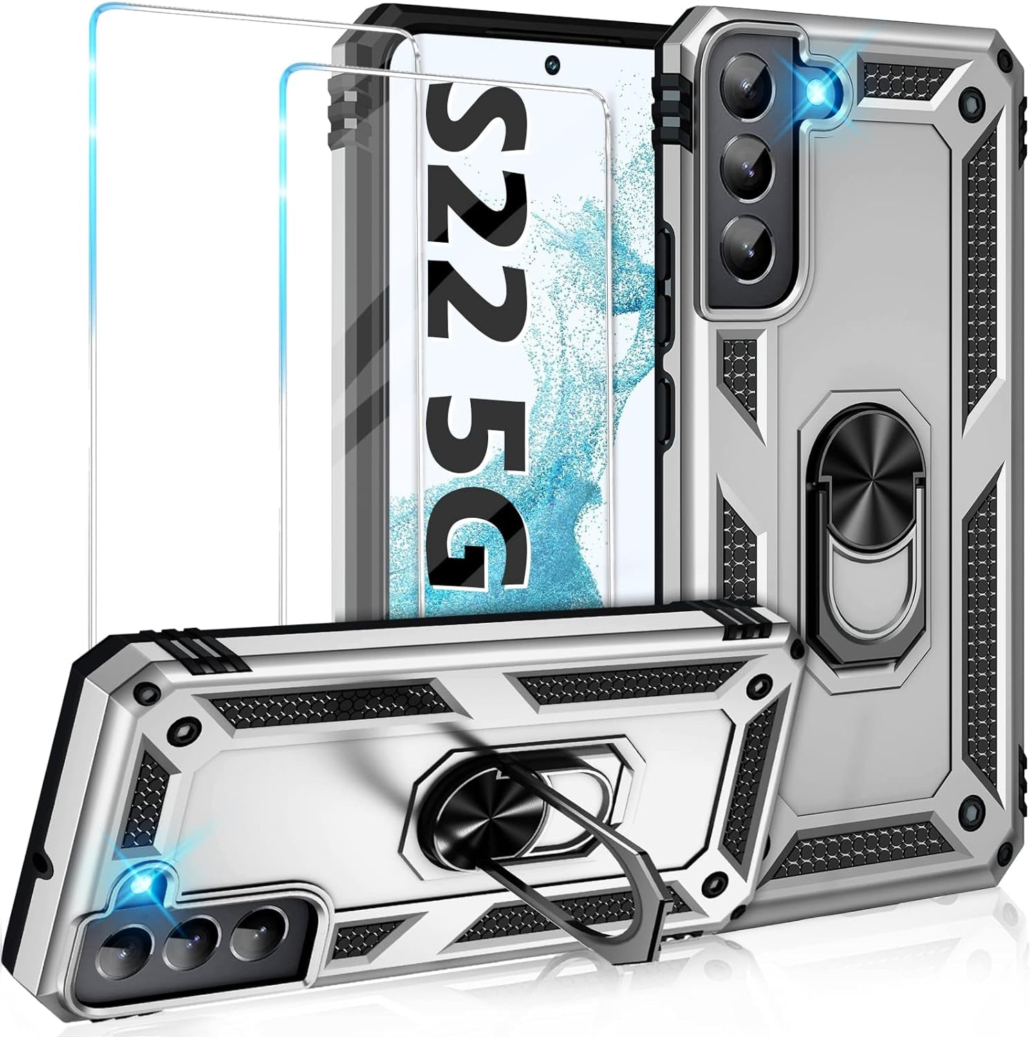 Vaki for Samsung Galaxy S22 5G Case with Built in Screen Protector Military Grade Hard Rugged Cover Heavy Duty Armor Galaxy S22 Phone Cases with Metal Ring Kickstand Shockproof Blue  Vaki Sliver  