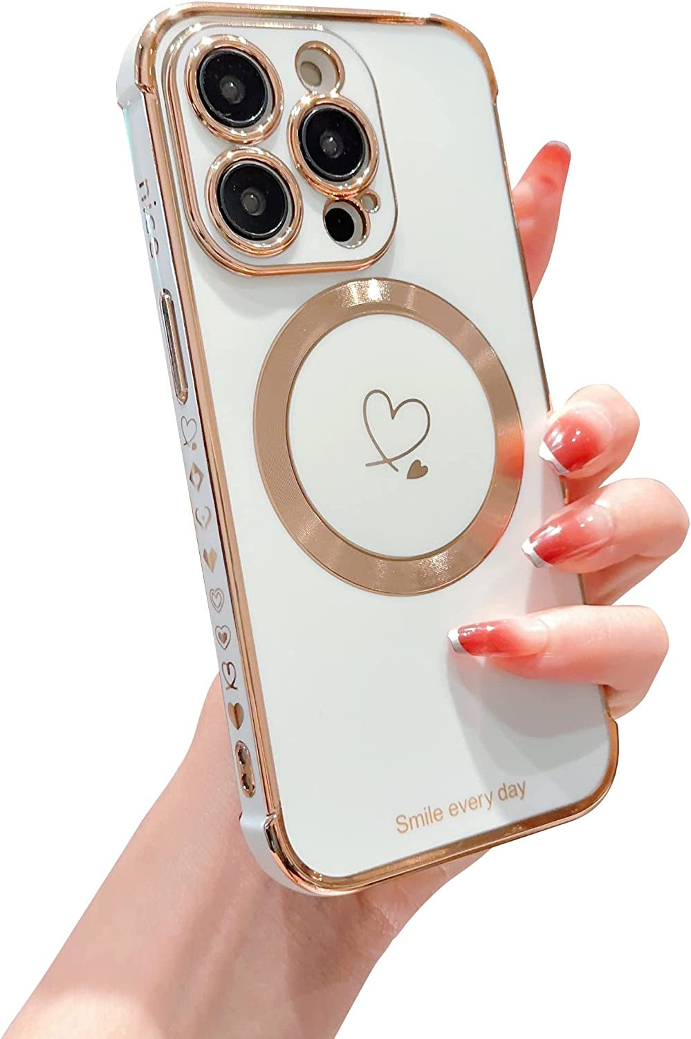 Hosgor Compatible with Magsafe Iphone 14 Pro Case for Women, Luxury Plating Cute Heart with Magnetic Wirless Charging Design Soft TPU Shockproof Bumper Case for Iphone 14 Pro 6.1Inch - (Deep Purple)  Hosgor White Iphone 14 Pro Max 