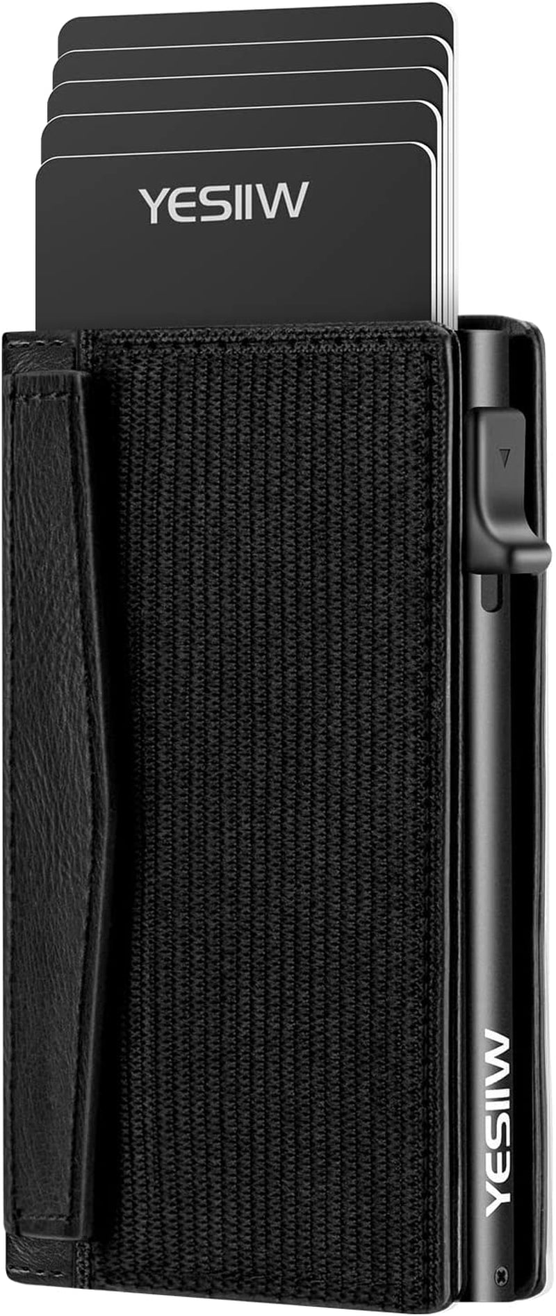 YESIIW Auto Pop up Credit Card Holder with Money Pocket | Minimalist Business Card Wallet RFID Blocking for Men | Smart Slim Aluminum Metal Debit Card Case Gifts for Dad Fathers | Space Gray  YESIIW B4 - Black (Elastic band)  