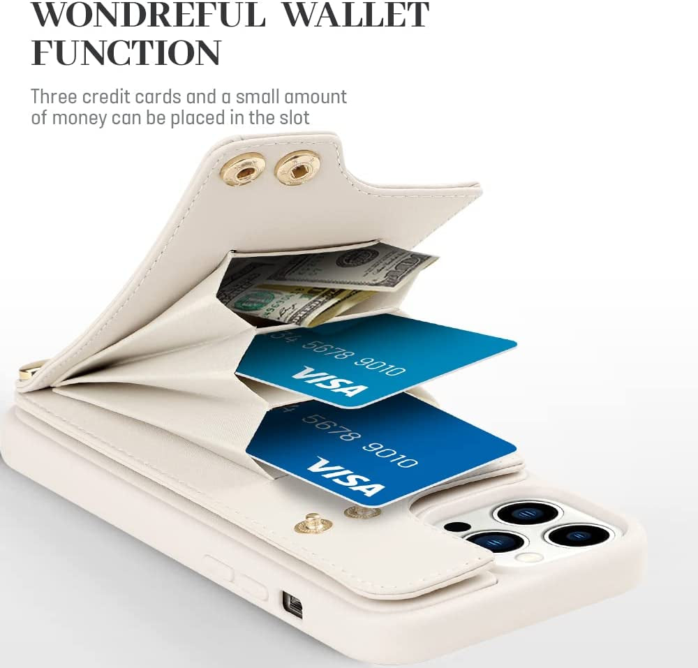 LAMEEKU Magsafe Wallet Case Compatible with Iphone 13 Pro Max with Crossbody, Leather Case with Card Holder 360°Rotation Ring Kickstand Cover with Mirror Designed for Iphone 13 Pro Max 6.7'' Beige  LAMEEKU   