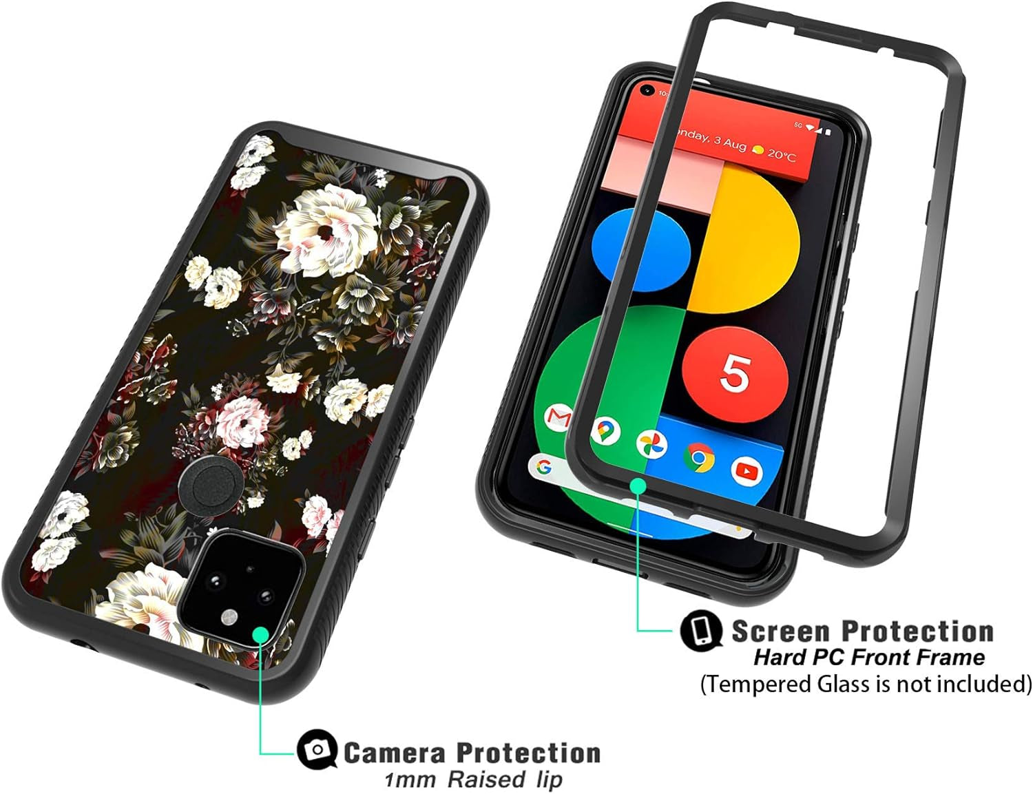 Shinymax Pixel 5 Case with Roses Design,Google Pxiel 5 Phone Case,Hybrid Triple Layer Armor Protective Cover Flexible Sturdy Anti-Scratch Shockproof Bumper Cute Case for Women and Girls-Flowers/Black  ShinyMax   