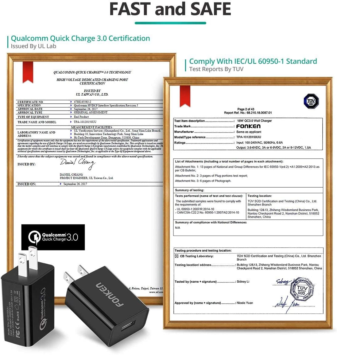 [3-Pack] Quick Charge 3.0, FONKEN 18W 3A USB Wall Charger QC 2.0/3.0 Adapter Fast Charger Block Compatible for Wireless Charger, Iphone Ipad, Samsung S10/S9/S8/Note 9/8, LG G5, HTC 10 (Black)  FONKEN   