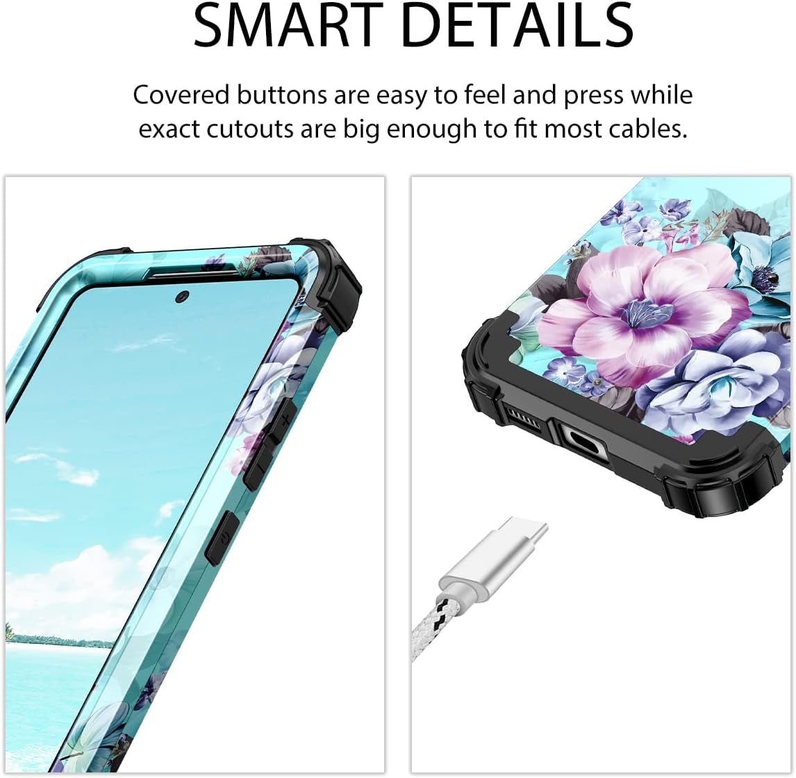 Casetego Compatible with Galaxy A53 5G Case,Floral Three Layer Heavy Duty Sturdy Shockproof Full Body Protective Cover Case for Samsung Galaxy A53 5G,Blue Flower  Casetego   