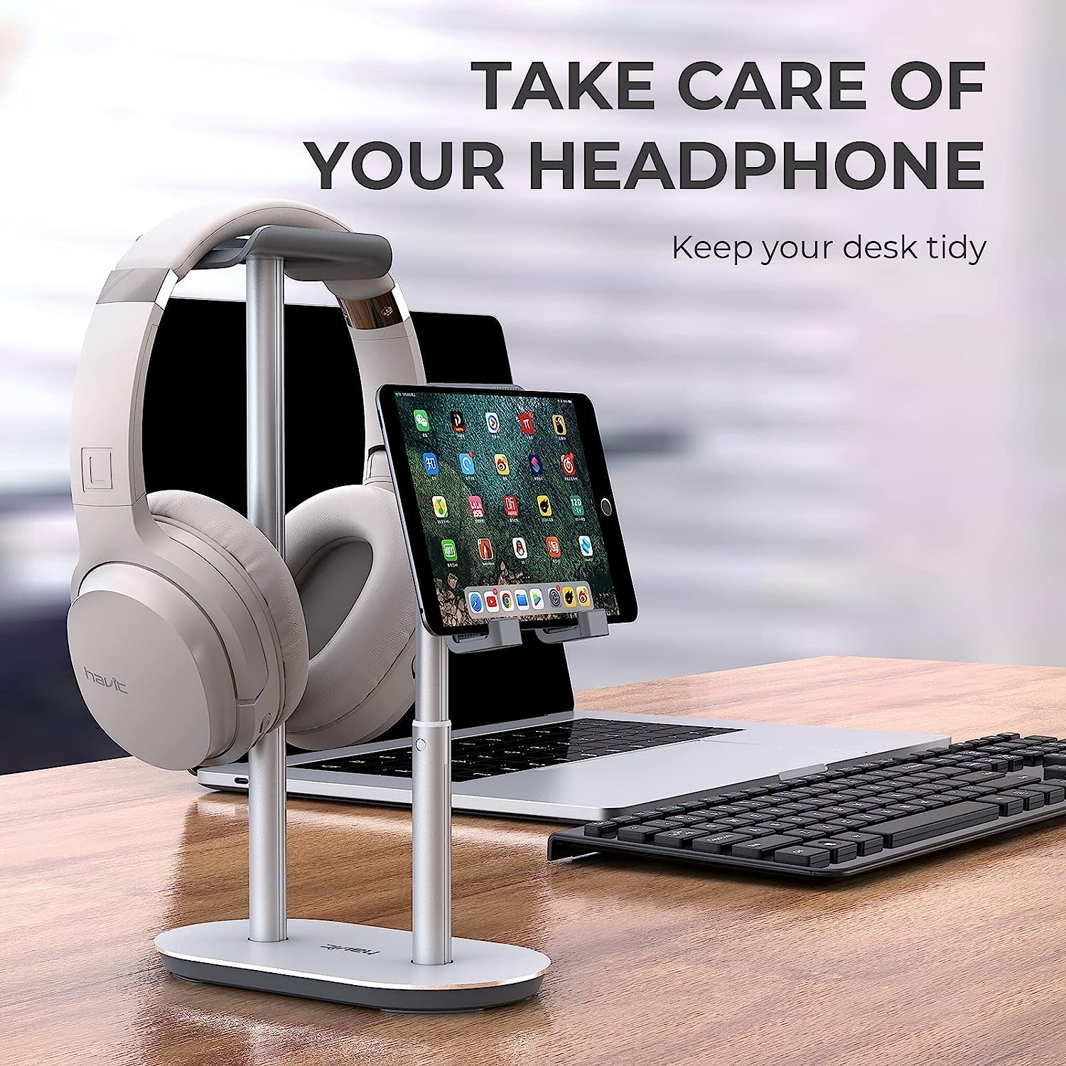 Havit Cell Phone and Gaming Headset Stand, Headphone Holder, Adjustable Phone Stands, Aluminum Desktop Headphone Holder for Desk, for 0.55'' Thick Smartphone Kindle Tablet  havit   