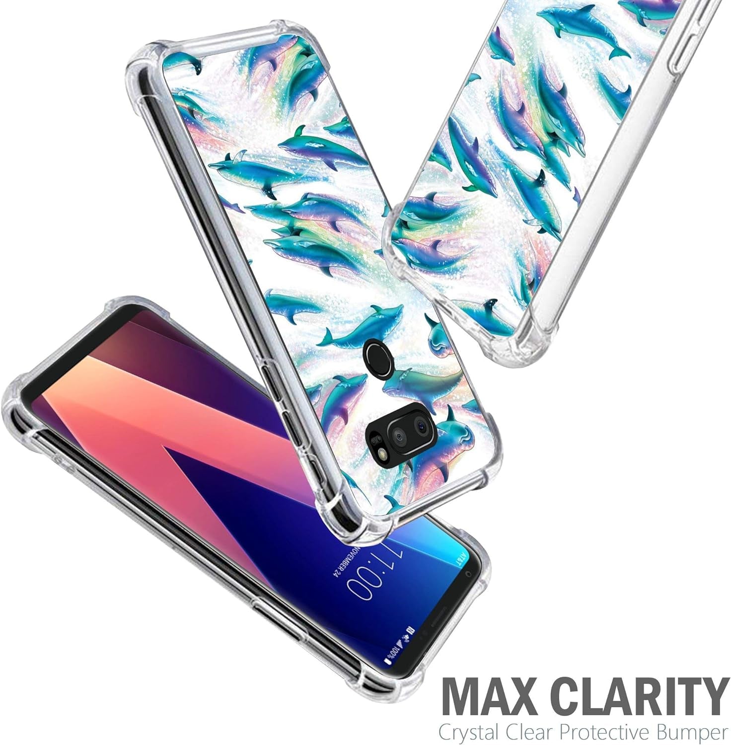 Casesondeck Case Compatible with [LG V30 | LG V30 plus | LG V35 Thinq] LG V30 TPU Case, Slim Transparent Flexible TPU Cover with Bump and Drop Corner Protection (Dolphins)  CasesonDeck   