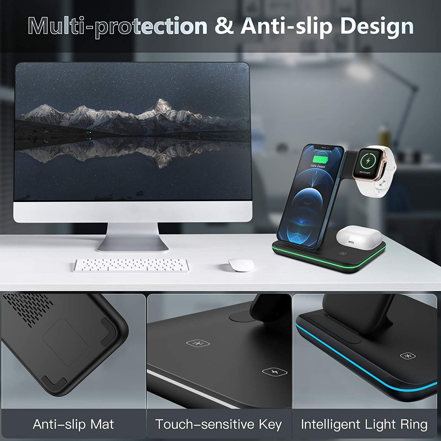 Liwin Wireless Charger, 3 in 1 Fast 15W Wireless Charging Station Compatible with Apple Watch 8 7 SE 6 5 4 3 2, Iphone 14 13 12 11 Pro/Pro Max/8/X, Airpods Pro 3 2, for Samsung S22 S21 S10 S9, Black  Dongguan Xunyue Electronics Co.,Ltd.   