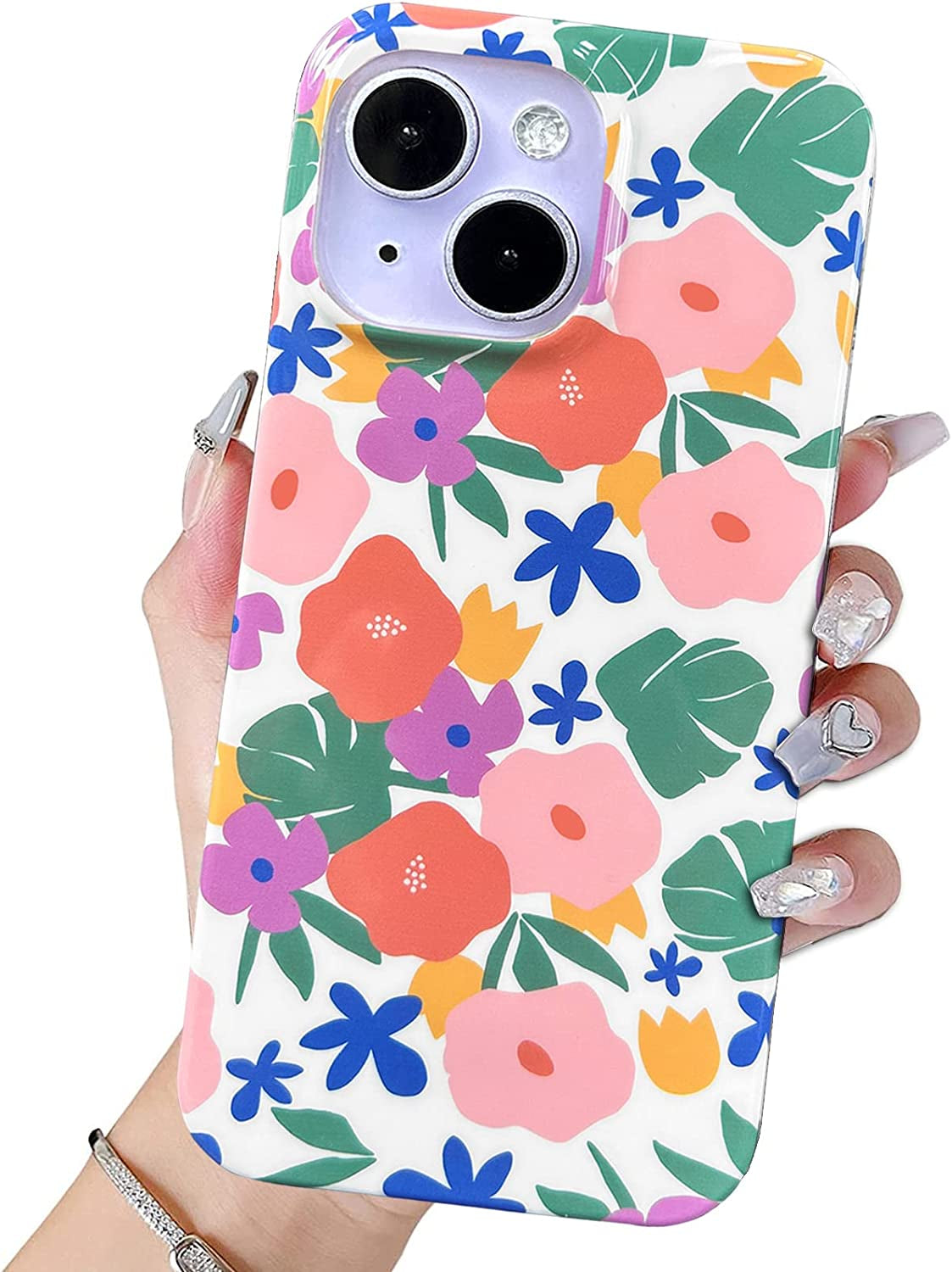 J.West Compatible with Iphone 14 Case 6.1" Cute Boho Style Leaf Soft Silicone Rubber Shockproof Cute Floral Pattern Design Slim Fit Anti-Scratch Phone Protective Case Cover for Women Girl Pink Blue  J.west Watercolor  