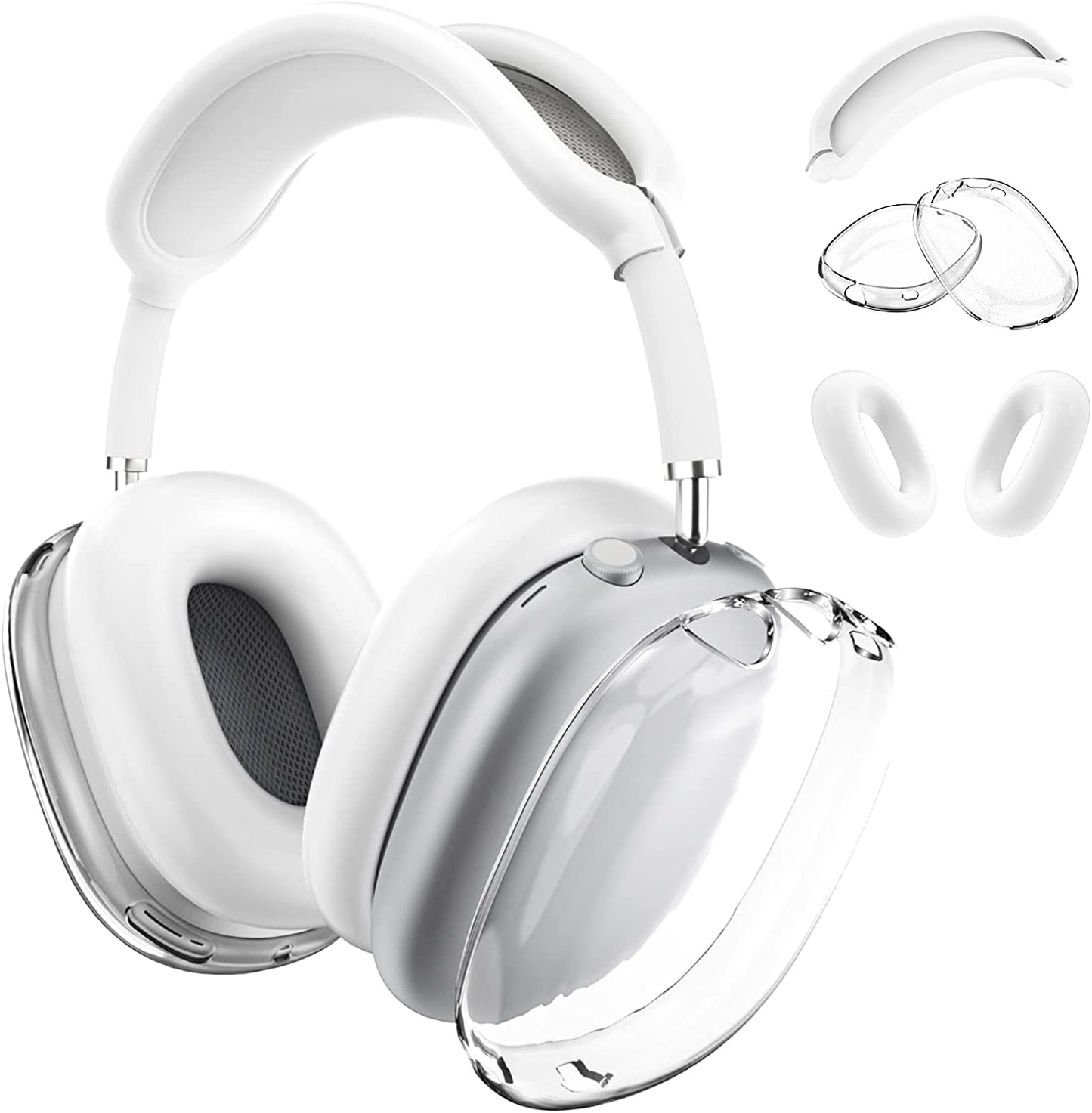 JDHDL [3 in 1] for Airpods Max Case Cover, Clear Soft TPU Earcup Case Cover+Slicone Earpad Cover+Silicone Overhead Cover, Transparent Protective Case for Apple Airpods Max Accessories(Black)  JDHDL White+Clear  