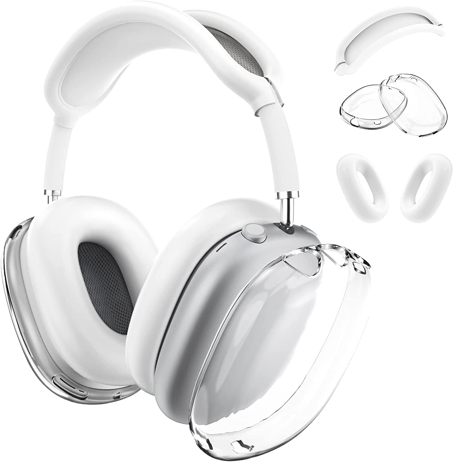 JDHDL [3 in 1] for Airpods Max Case Cover, Clear Soft TPU Earcup Case Cover+Slicone Earpad Cover+Silicone Overhead Cover, Transparent Protective Case for Apple Airpods Max Accessories(Black)  JDHDL White+Clear  