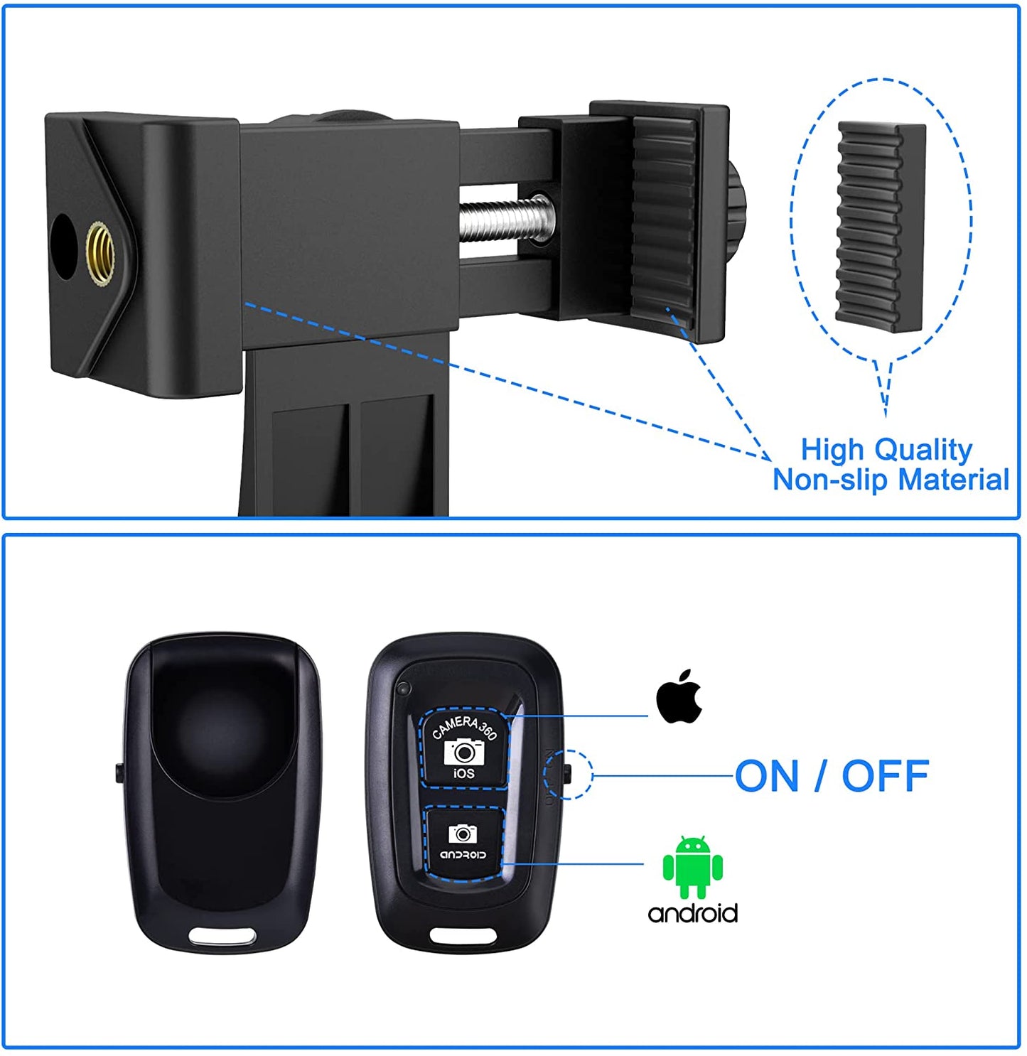 Universal Phone Tripod Mount Adapter with Ｗireless Camera Remote, Cell Phone Holder with Adjustable Clamp for Selfie Stick Monopod Compatible with Iphone, Samsung and so On, Wrist Strap Included  Zttopo   