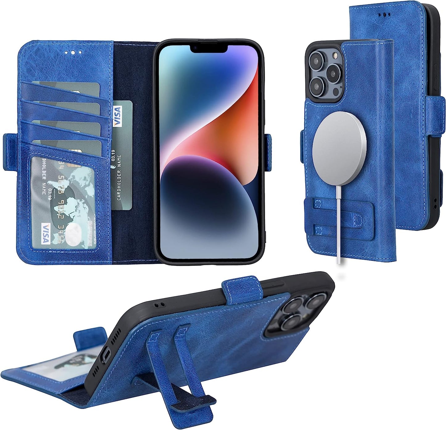 Bayelon Leather Wallet Case for Iphone 14 Pro Max - Flip Cover Card Holder Slots, Iphone 14 Pro Max Case Compatible with Apple Magsafe, Full Grain Leather Folio Case, Kickstand Function (A. Camel)  Bayelon Ocean Blue (14 Pro) iPhone 14 Pro (6.1") 