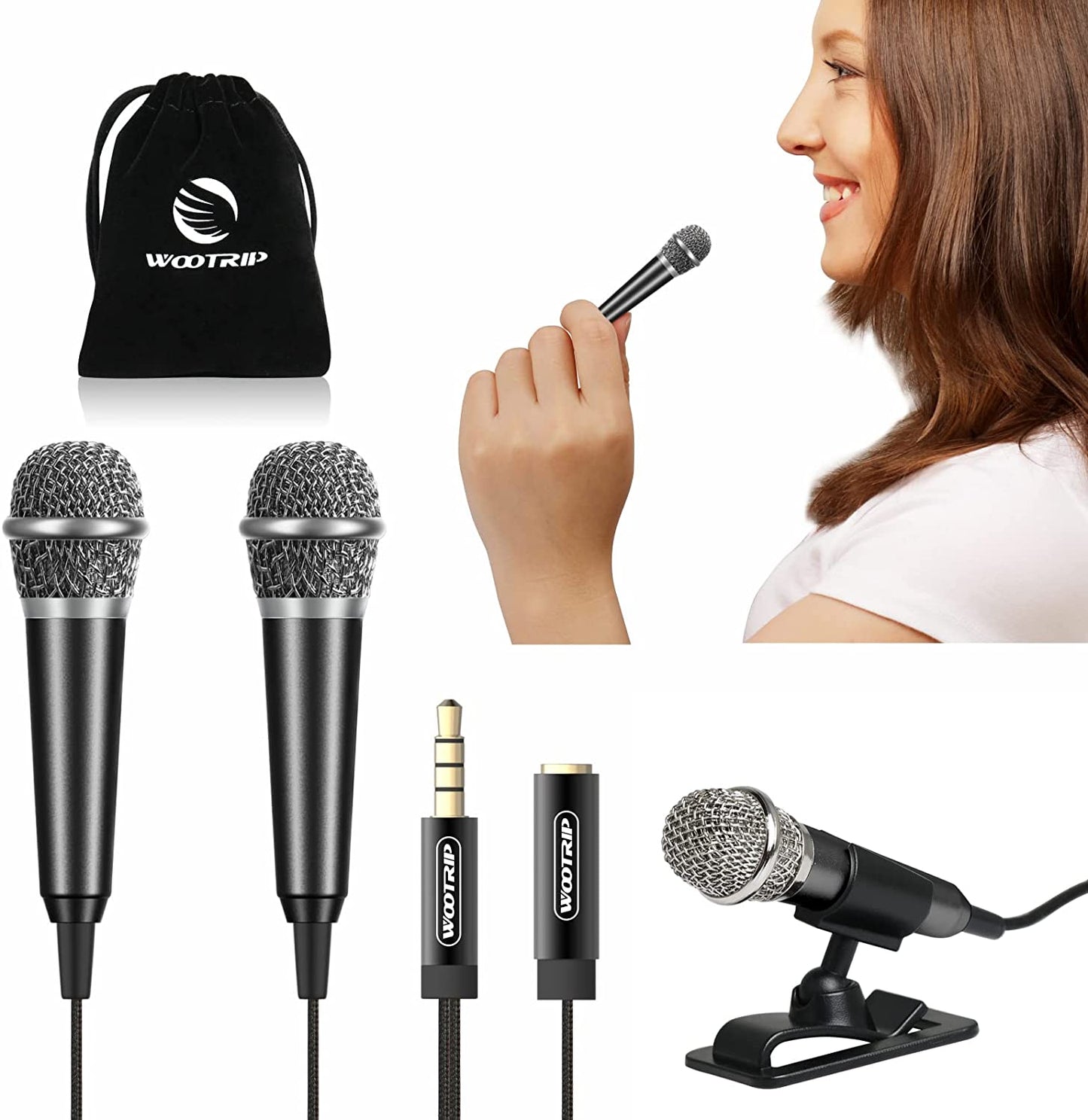 Mini Microphone, Wootrip Karaoke Tiny Microphone for Voice Recording Interview, Portable Small Singing Mic 3.5Mm Plug with Stand Suitable for Android Phone,Iphone,Ipad, Laptop (Rose Gold)  Wootrip Black  