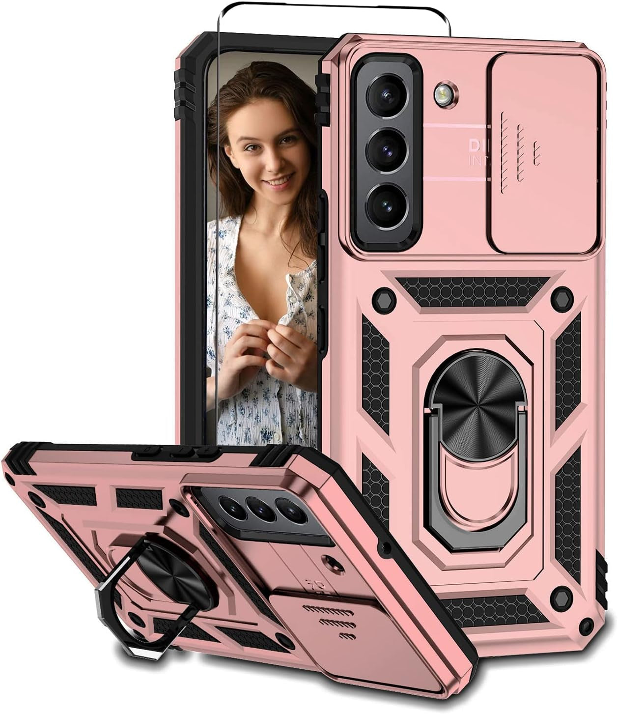 Compatible with Samsung Galaxy S22 Case with Screen Protector and Slide Camera Cover Military Grade Shockproof Heavy Duty Kickstand Bumper Car Mount Full-Body Protective for Samsung S22 Case -Silver  LEZYWONE Pink  