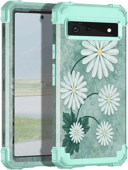 Hekodonk for Google Pixel 6 Pro Case,Heavy Duty Shockproof Protection Hard Plastic+Silicone Rubber Hybrid 3 in 1 Drop Protective Case for Google Pixel 6 Pro White Flower  Hekodonk   