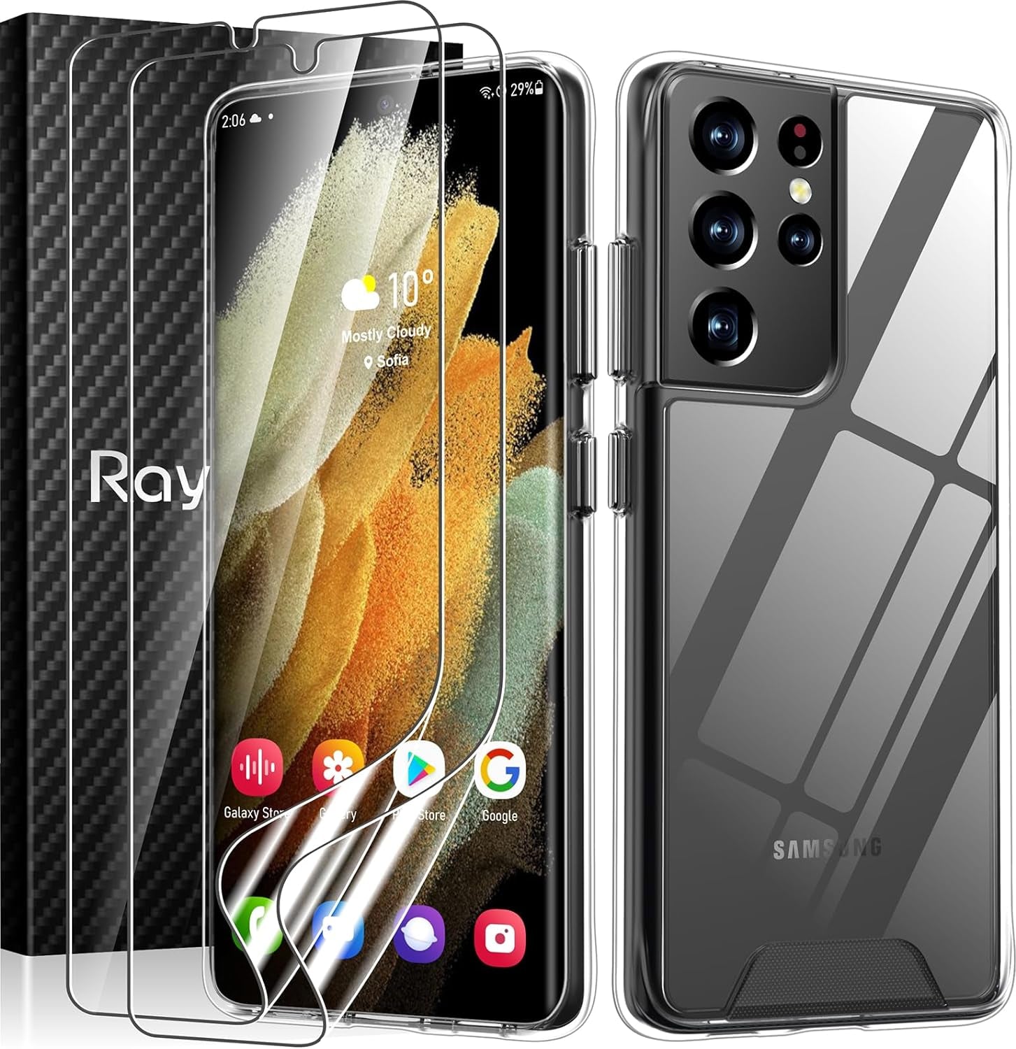 Rayboen Case for Galaxy S21 Ultra 5G with Screen Protector Soft(2Pcs), Crystal Clear Designed Shockproof Phone Case, Hard PC Back Soft TPU Frame Slim Transparent Cover for Samsung Galaxy S21 Ultra  Rayboen   