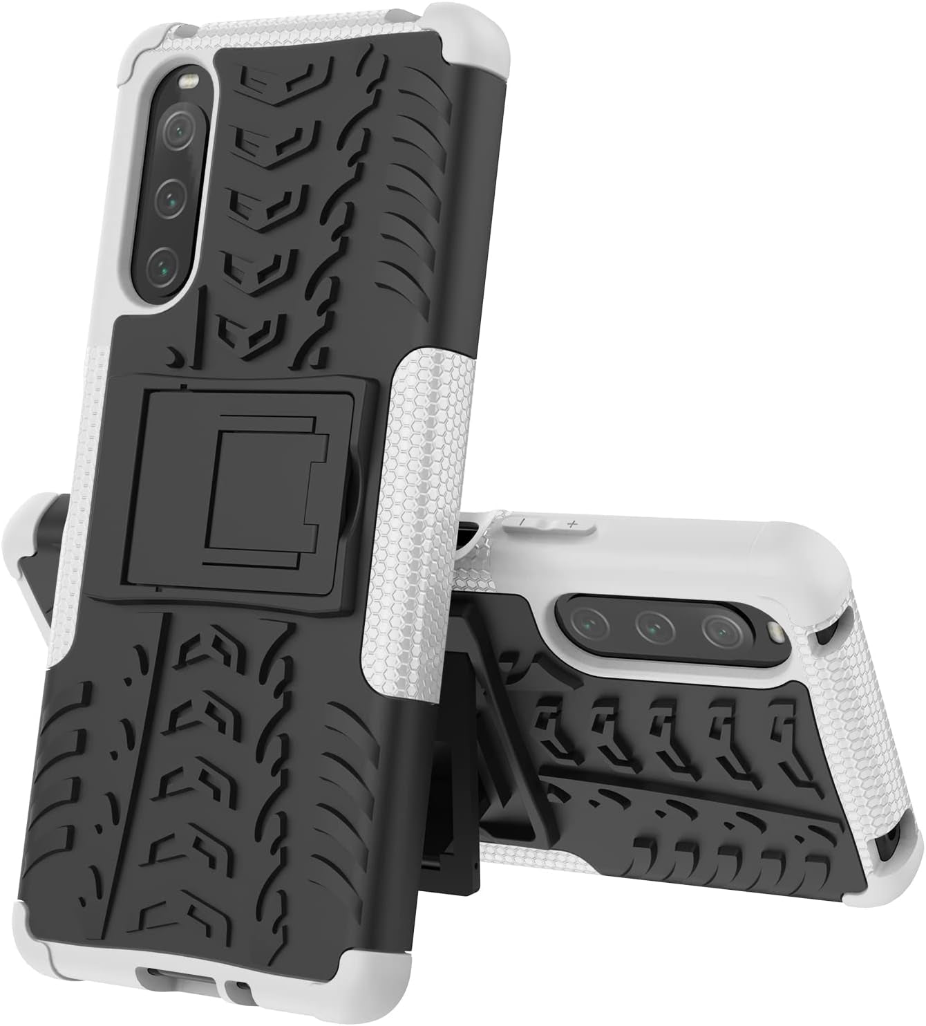 Ysnzaq Tyre Pattern Phone Case for Sony Xperia 10 IV, TPU and PC Double Layer Shockproof Protection with Durable Kickstand Phone Cover for Sony Xperia 10 IV XW Purple  Ysnzaq White  