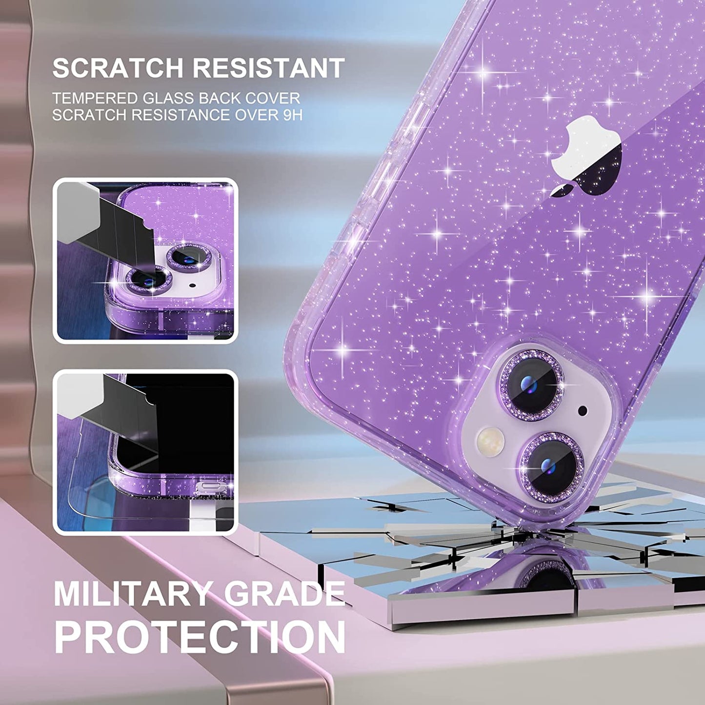 Choiche Compatible for Iphone 14 Case Cute, Women Clear Glitter Bling Sparkly Case, [2 X Diamond Camera Lens Protectors] [2 X Tempered Glass Screen Protectors] 6.1-Inch (Glitter Purple)  Choiche   
