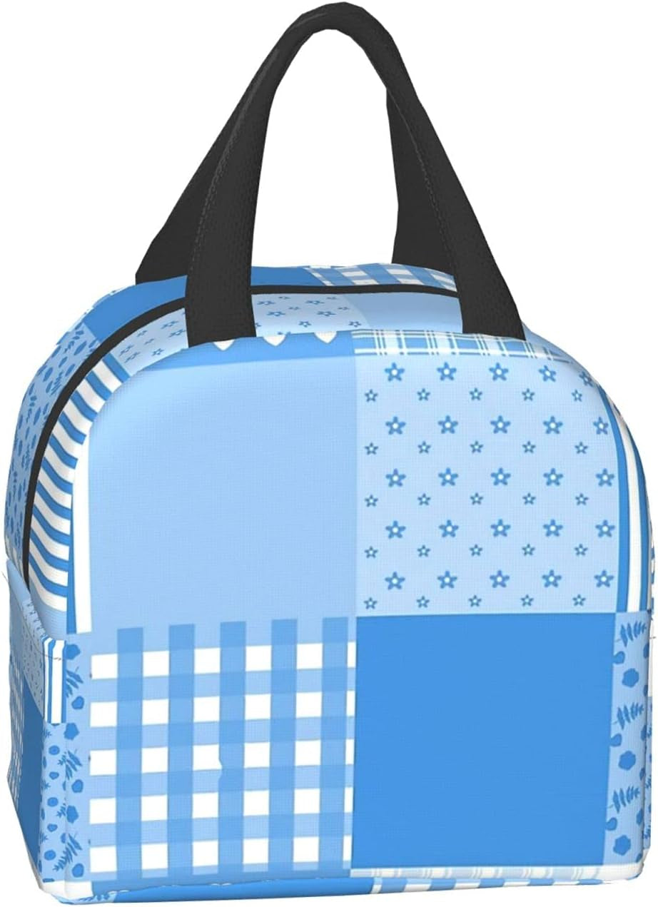 Fashion Blue and White Patchwork Lunch Box Insulated Cooler Lunch Tote Bag Travel Picnic Durable Shopping Reusable Waterproof Bags for Women  carati   