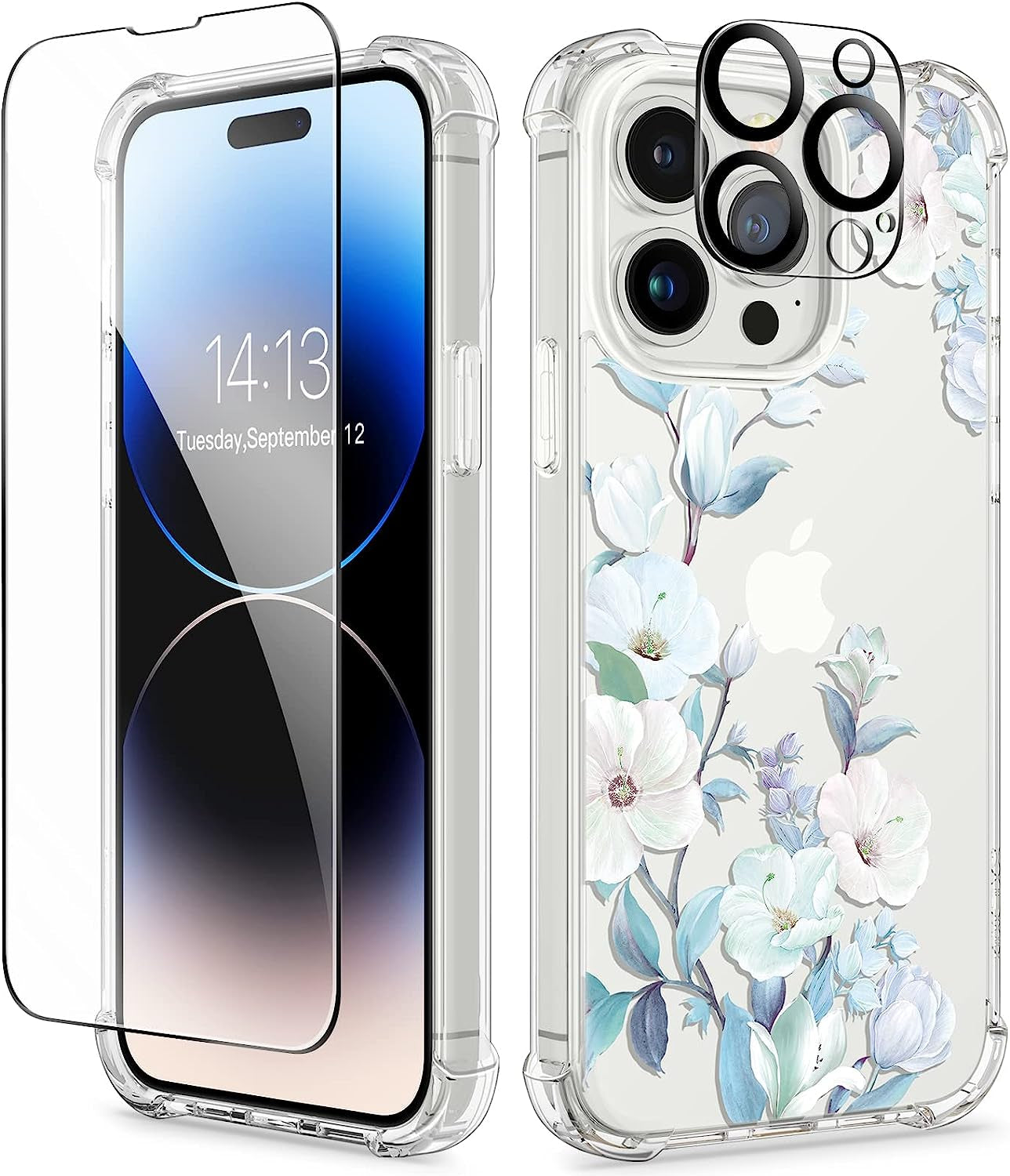 GVIEWIN Compatible with Iphone 14 Pro Case with Screen Protector & Camera Lens Protector, Floral Slim Shockproof Protective Hard PC+TPU Bumper Flower Women Cover, 6.1" 2022(Anemone Blooms/Pink)  GVIEWIN Hibiscus  