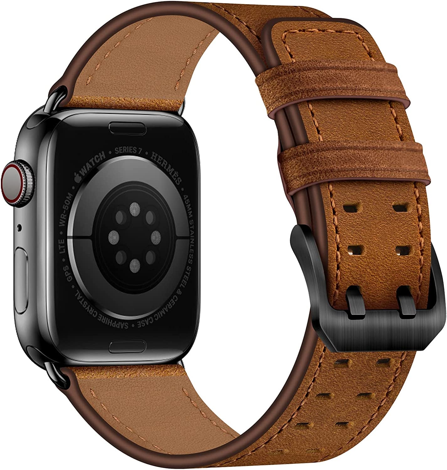 OUHENG Leather Bands Compatible with Apple Watch Band 49Mm 45Mm 44Mm 42Mm, Genuine Leather Replacement Band Strap Wristband for Iwatch Ultra Series 8 7 6 5 4 3 2 1 SE2 SE Men Women, Retro Brown/Black  OUHENG   
