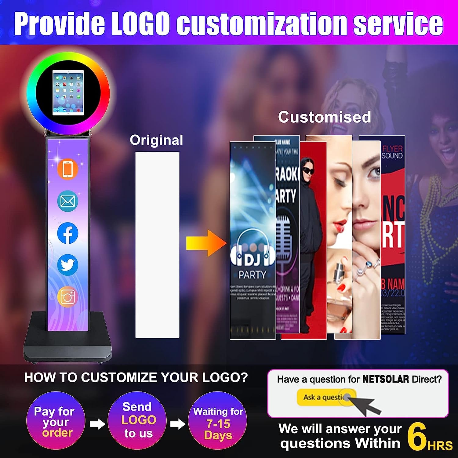 NETSOLAR Portable Photo Booth for 10.2'' Ipad Stand Shell Metal Selfie Photobooth Machine with Adjustable RGB LED Light Ring Free Custom Logo for Parties Wedding Exhibition Rental Business (Black)  NETSOLAR   