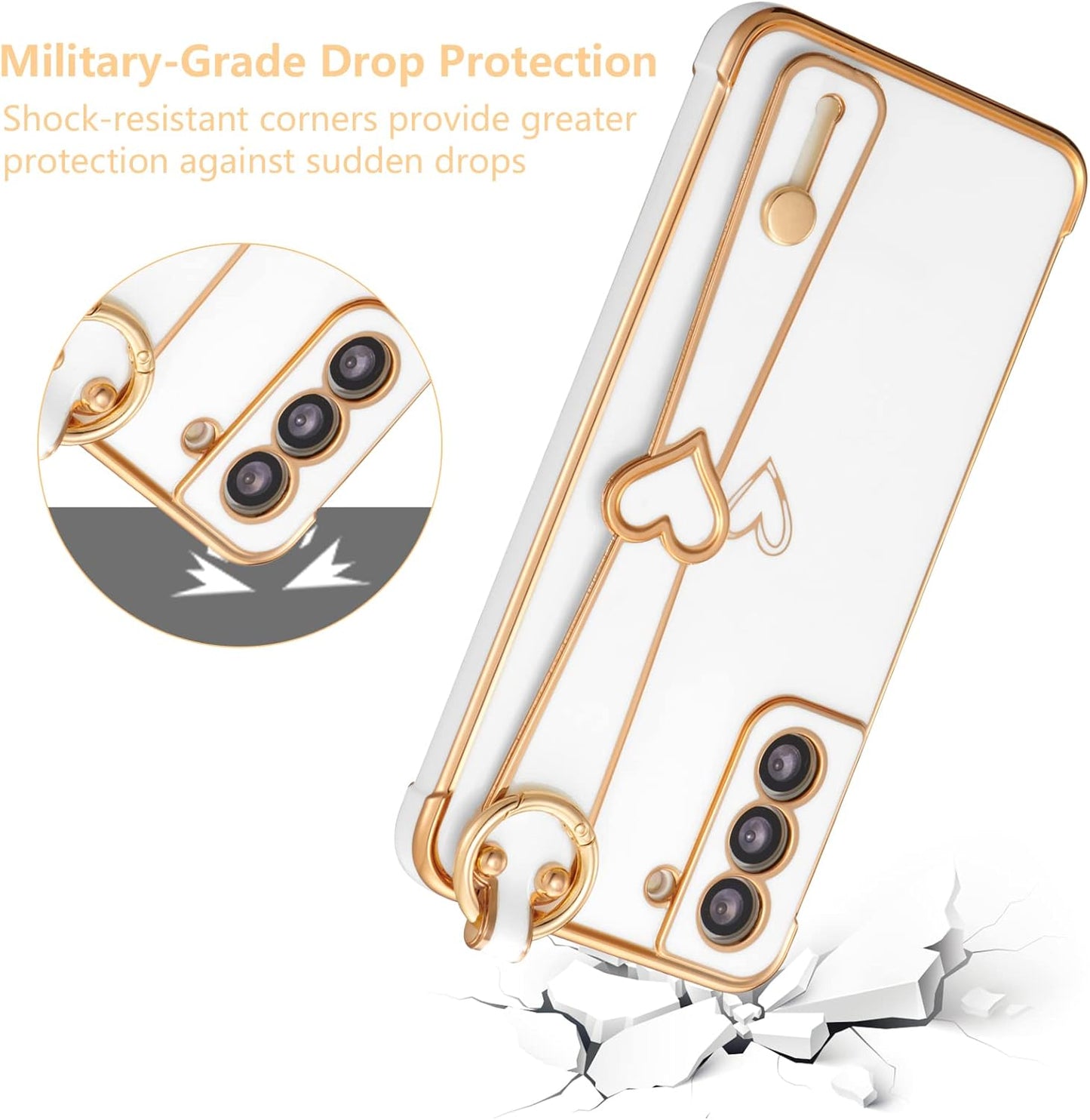 ZTOFERA Designed for Samsung Galaxy S21 plus 5G Case with Wristband,Plating Edge Love Hearts Pattern Hand Strap Finger Holder Kickstand Case,Soft Shockproof Cover for Girls Women,White  ZTOFERA   