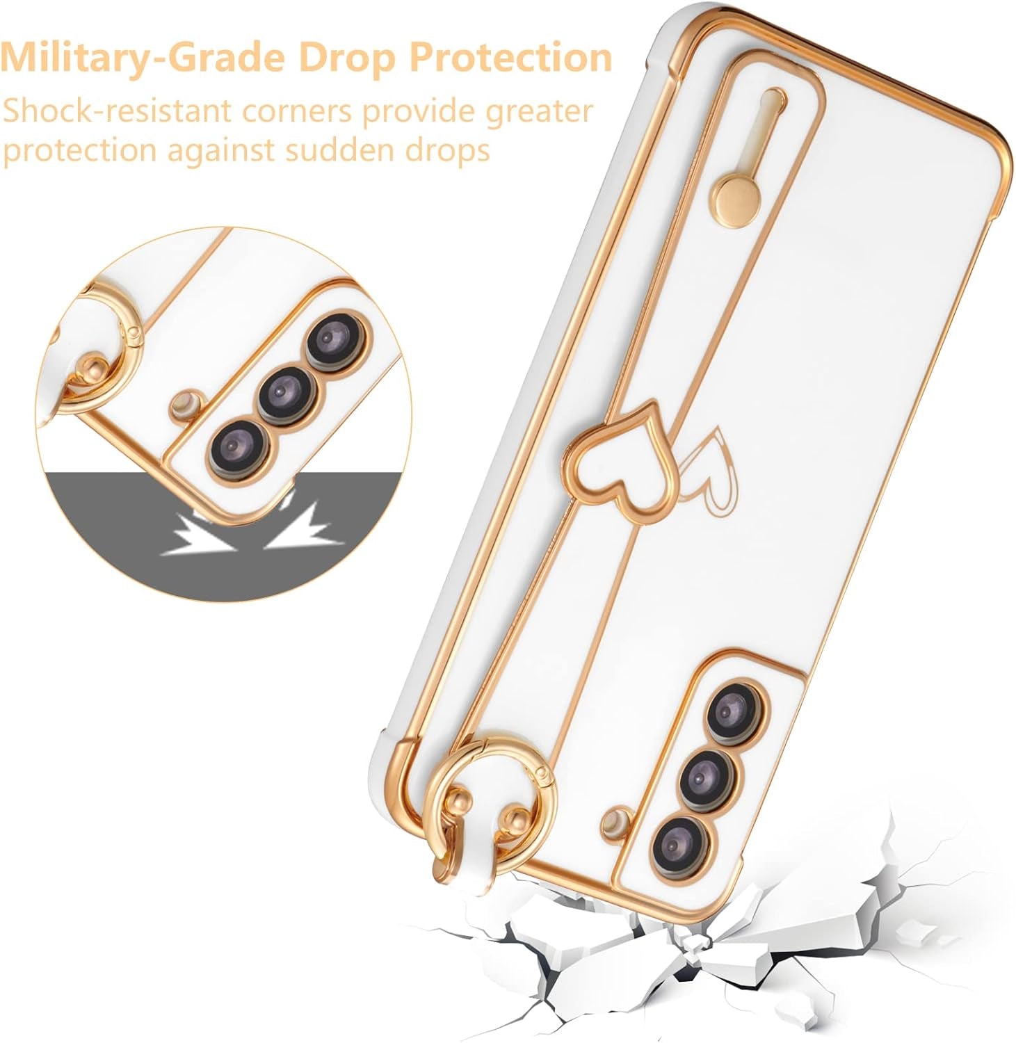 ZTOFERA Designed for Samsung Galaxy S21 plus 5G Case with Wristband,Plating Edge Love Hearts Pattern Hand Strap Finger Holder Kickstand Case,Soft Shockproof Cover for Girls Women,White  ZTOFERA   