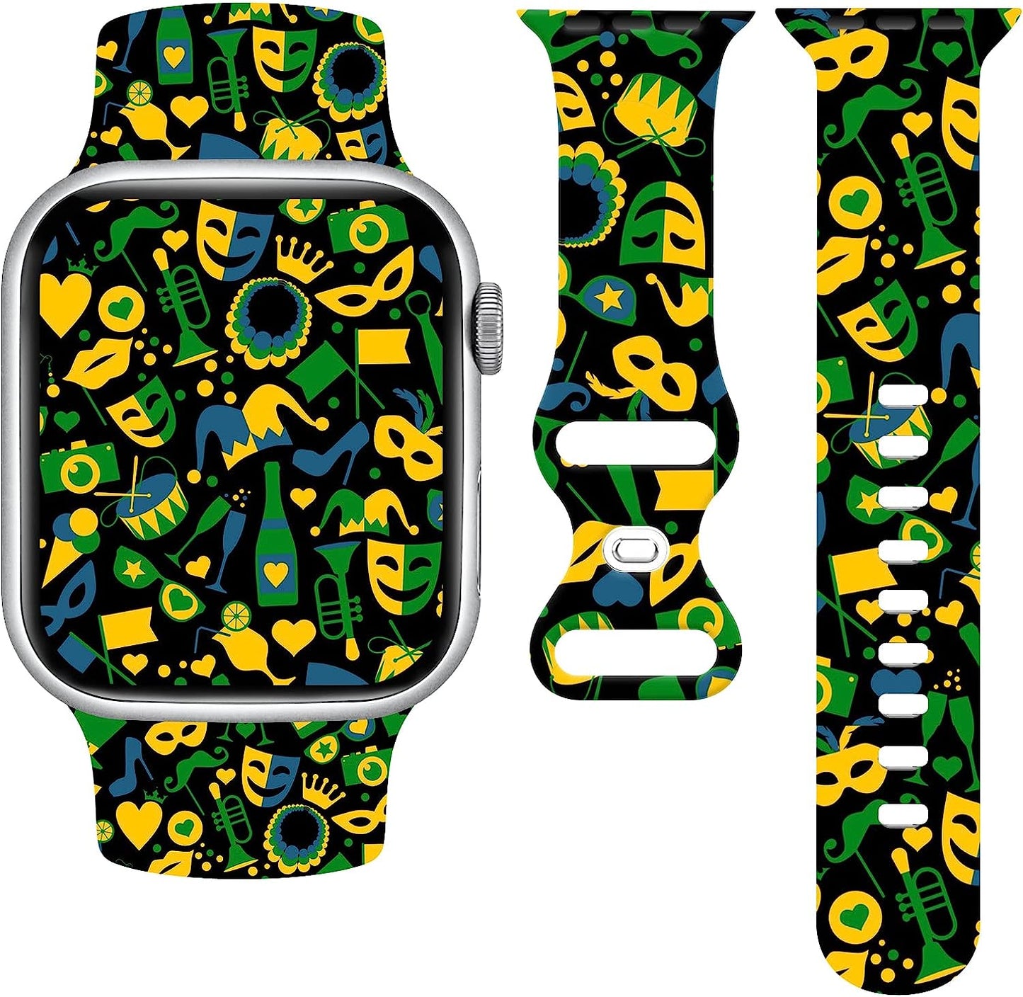 St. Patricks Day Watch Band Compatible with Apple Watch 38Mm 40Mm 41Mm 42Mm 44Mm 45Mm, Four Leaf Clover Shamrock Silicone Replacement Bands Wristbands Strap Compatible with All Iwatch Series  WANSENCE MARDI GRAS-1 42mm/44mm/45mm 