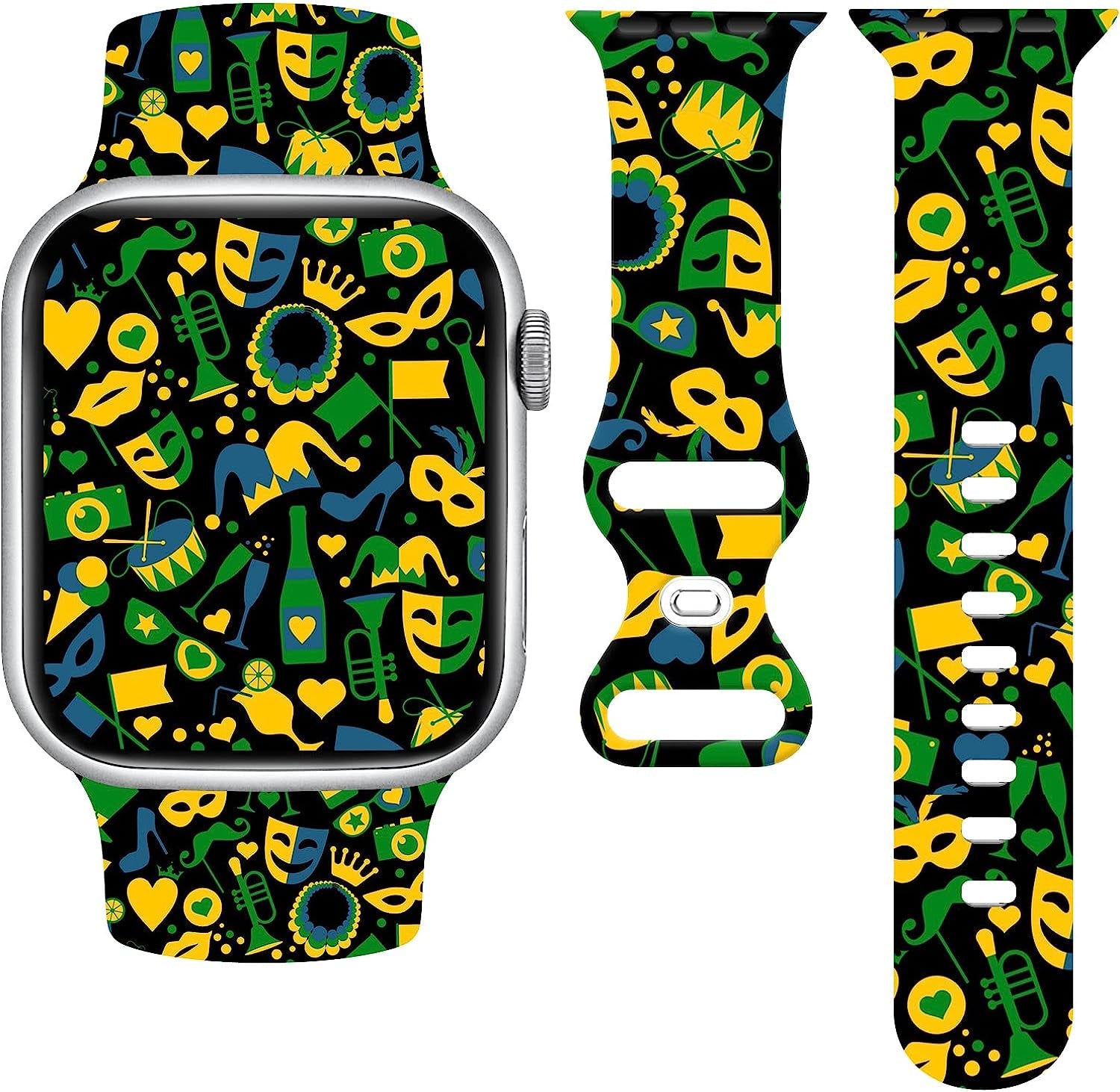 St. Patricks Day Watch Band Compatible with Apple Watch 38Mm 40Mm 41Mm 42Mm 44Mm 45Mm, Four Leaf Clover Shamrock Silicone Replacement Bands Wristbands Strap Compatible with All Iwatch Series  WANSENCE MARDI GRAS-1 42mm/44mm/45mm 