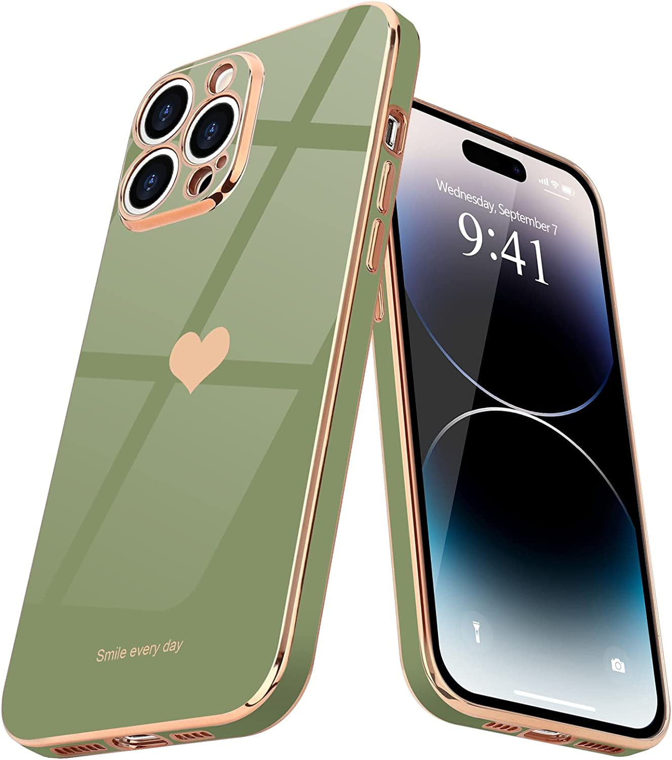 Teageo Iphone 14 Pro Case - Luxury Love Heart Design, Bling Back Cover, Camera Protection, Shockproof, Blackish Green  janzee Green  