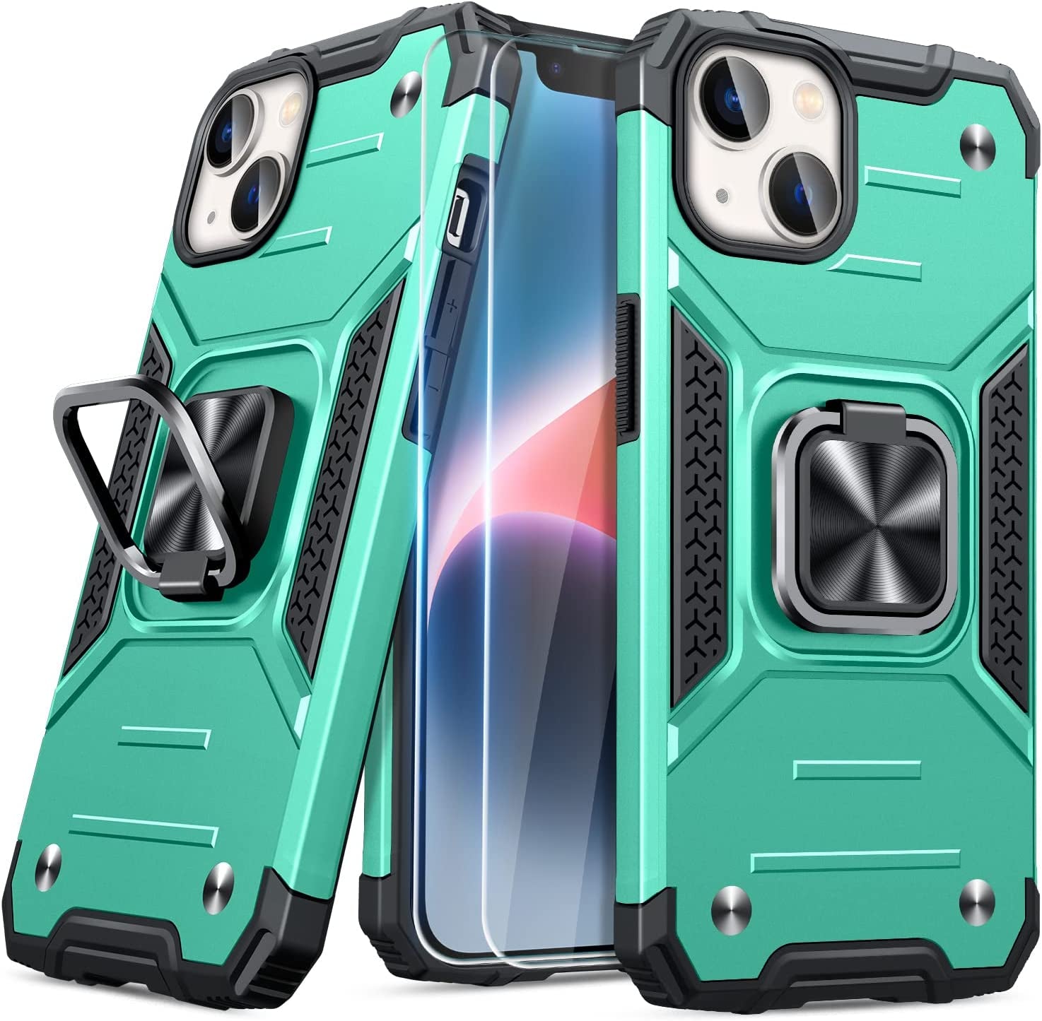 JAME for Iphone 14 Case with Screen Protector [2 PCS], Shockproof Bumper Case for Iphone 14 Case for Women & Men, Heavy-Duty Protection with Metal Ring Kickstand Case for Iphone 14, 6.1 Inch, Red  XJXIN Turquoise  