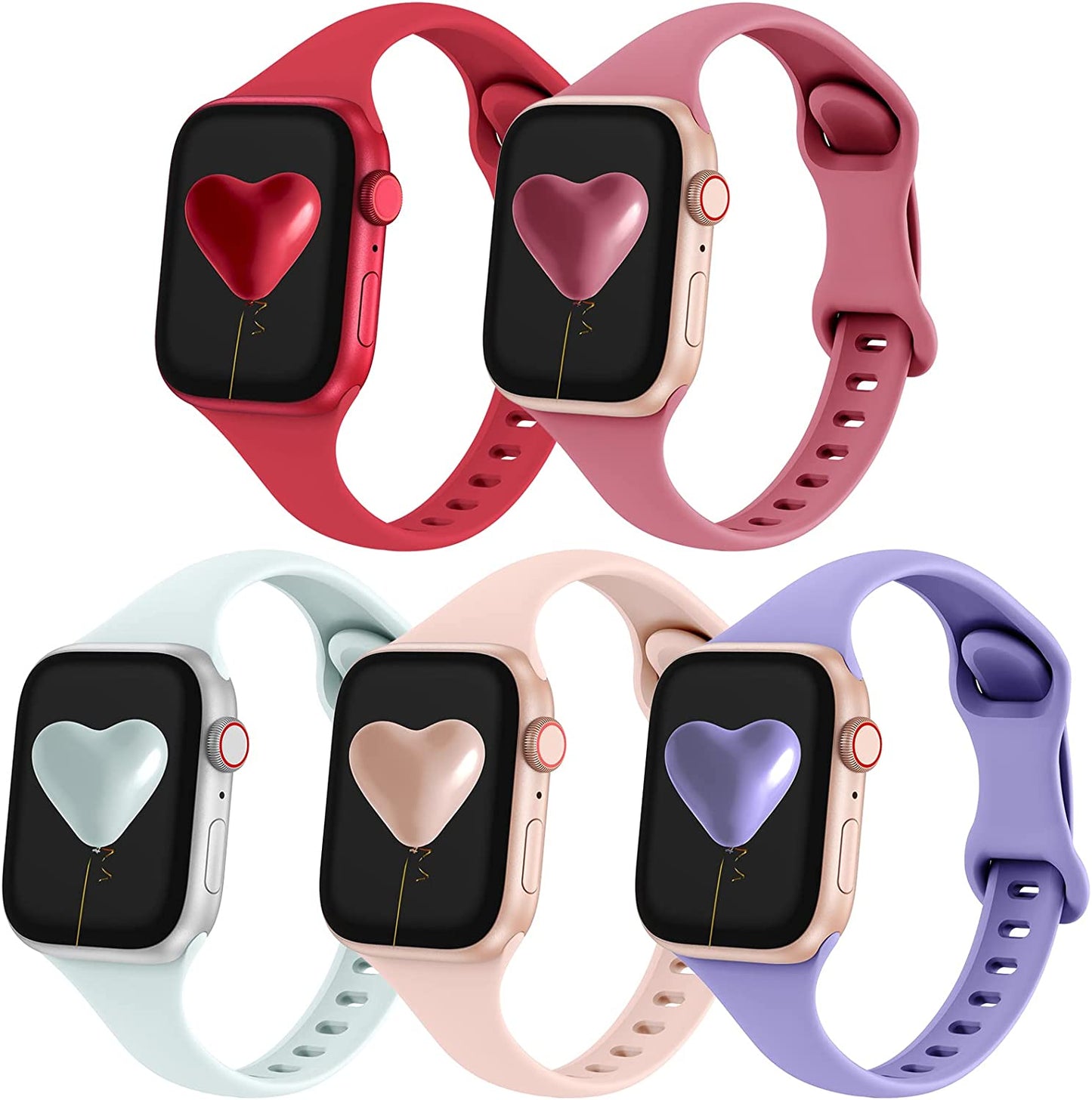 Qrose 5 Pack Bands Compatible with Apple Watch 38Mm 40Mm 41Mm 42Mm 44Mm 45Mm 49Mm, Slim Thin Narrow Replacement Silicone Sport Strap Wristbands for Iwatch Series Ultra 8/7/6/5/4/3/2/1 SE Women Men  QRose Red/Hibiscus/Seafoam/Pink Sand/Lilac 38mm/40mm/41mm 