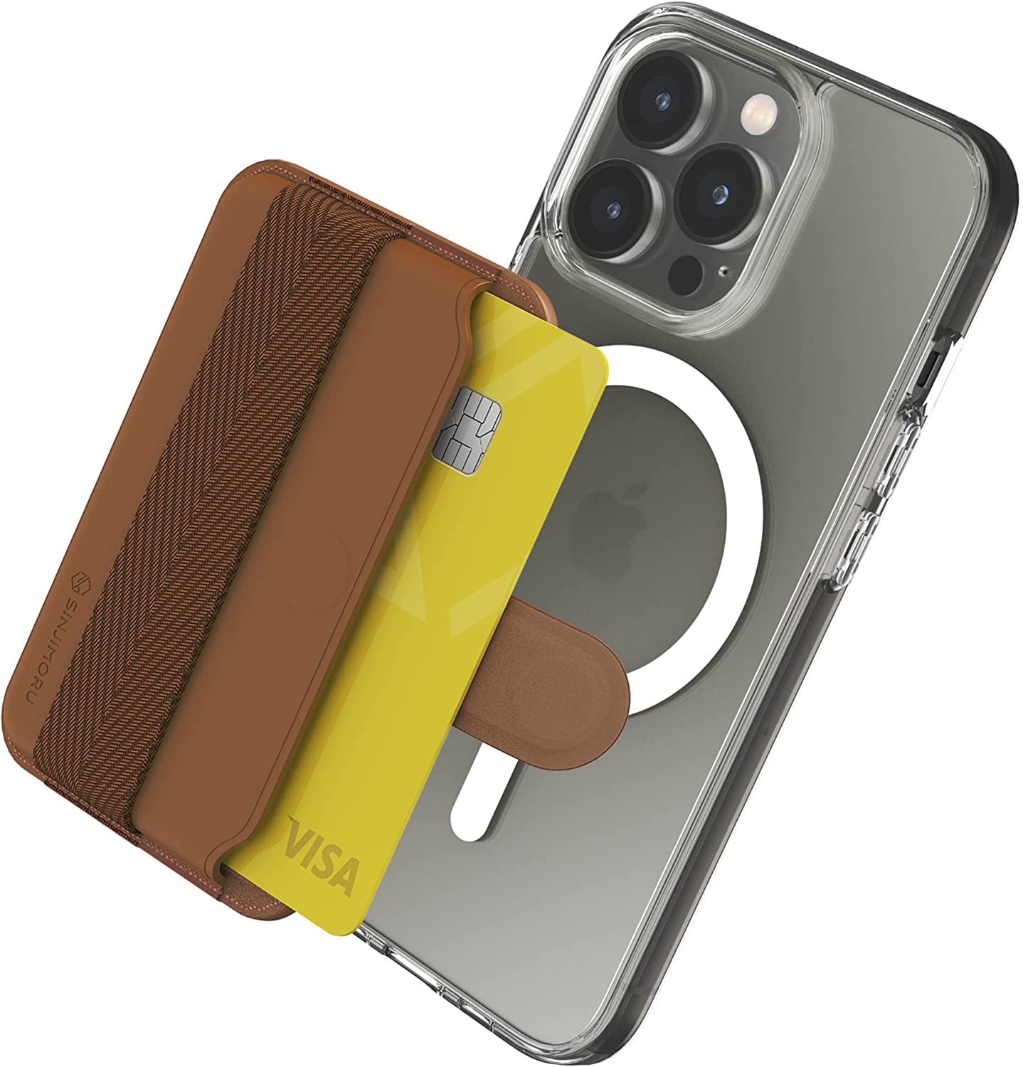 Sinjimoru Comb-Pattern Phone Grip Wallet for Magsafe, Vegan Leather Magnetic Cell Phone Card Holder & Wool Band Strap as Credit Card Case for Iphone 12 13 14 plus Pro Max. M-Pull Tab Band Black  Sinjimoru Co.Ltd Band Brown  