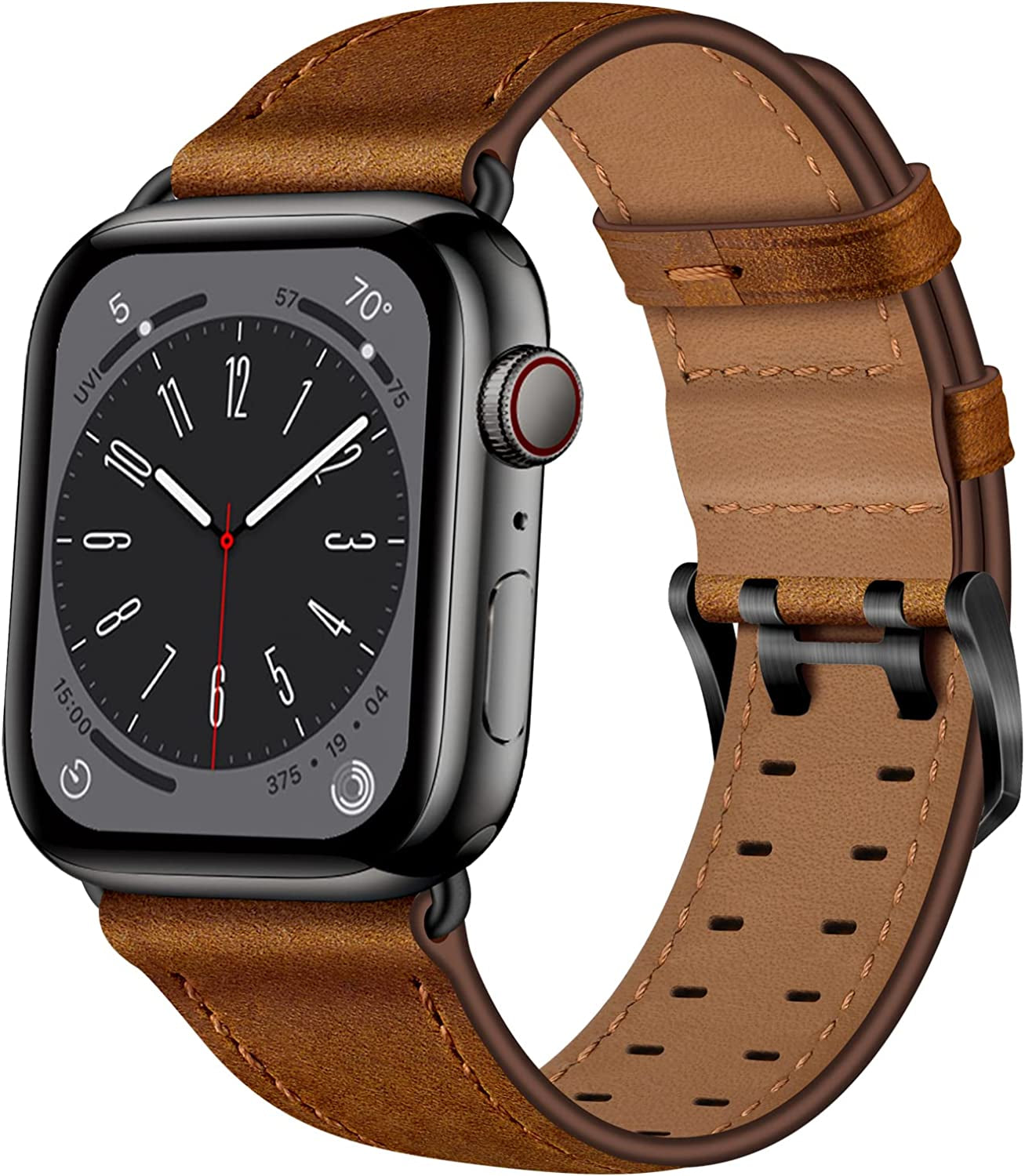 OUHENG Leather Bands Compatible with Apple Watch Band 49Mm 45Mm 44Mm 42Mm, Genuine Leather Replacement Band Strap Wristband for Iwatch Ultra Series 8 7 6 5 4 3 2 1 SE2 SE Men Women, Retro Brown/Black  OUHENG   