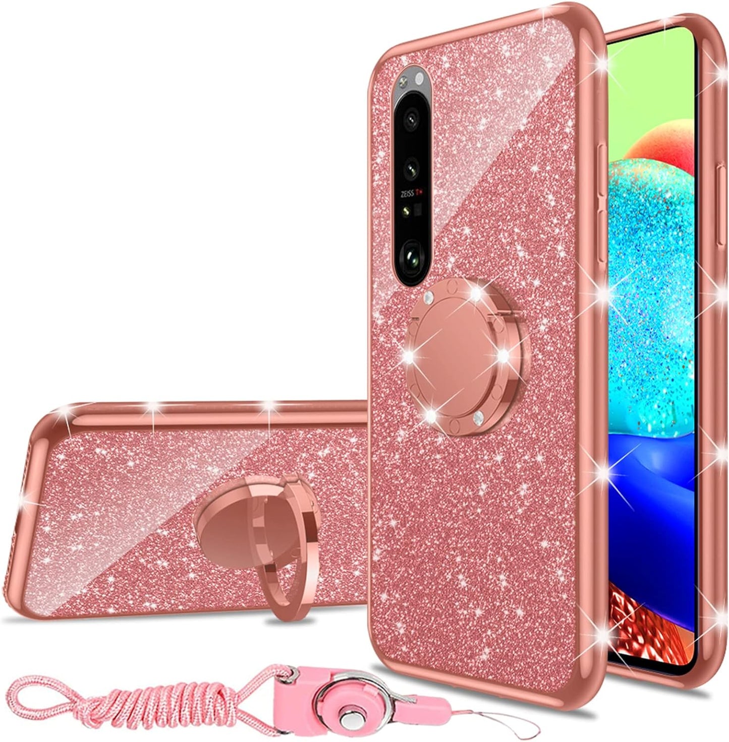Nancheng for Xperia 1 III Case Girls Women Cute Glitter Silicone Sparkly Slim Cover with Ring Stand & Strap Shockproof Drop Full-Body Protection Case for Sony Xperia 1 III (2021) - Silver  nancheng Rose Gold  