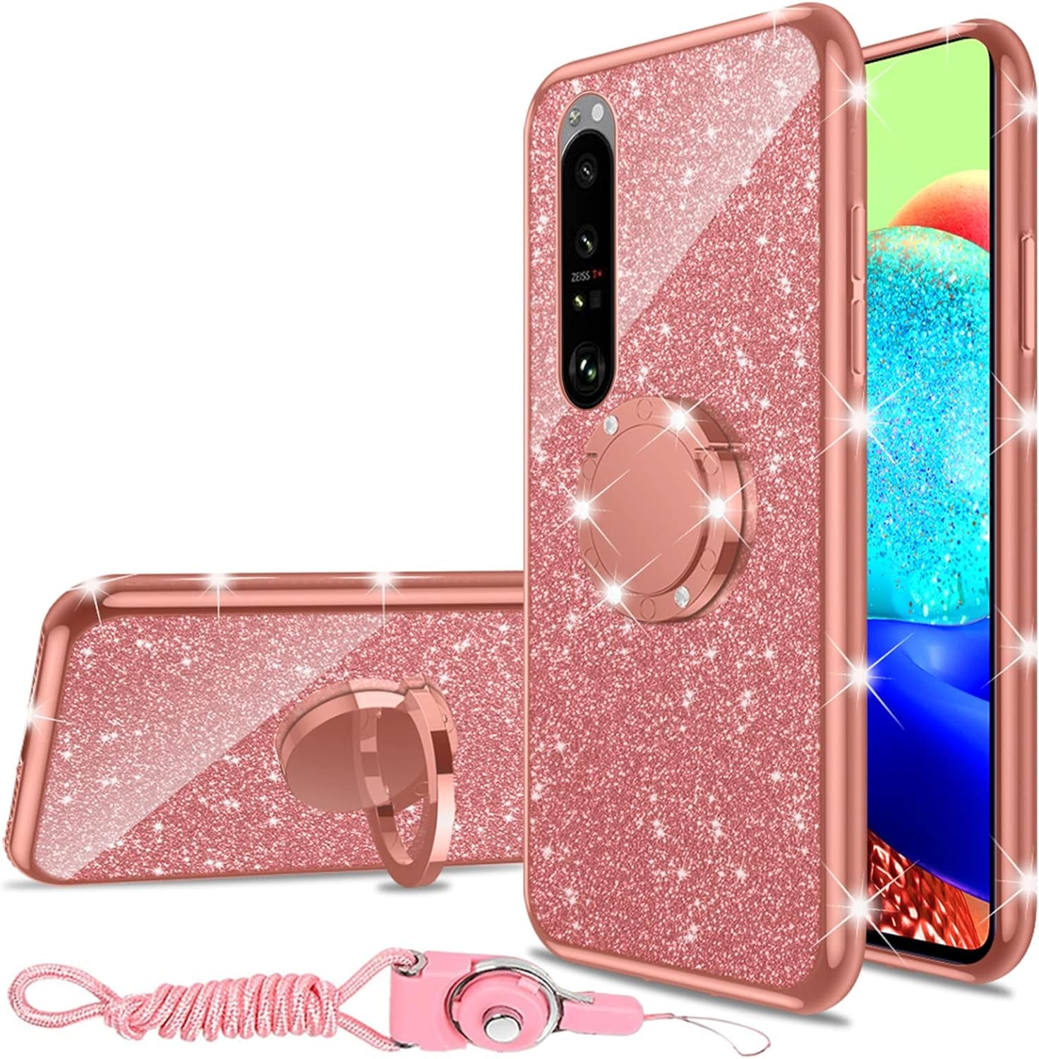 Nancheng for Xperia 1 III Case Girls Women Cute Glitter Silicone Sparkly Slim Cover with Ring Stand & Strap Shockproof Drop Full-Body Protection Case for Sony Xperia 1 III (2021) - Silver  nancheng Rose Gold  
